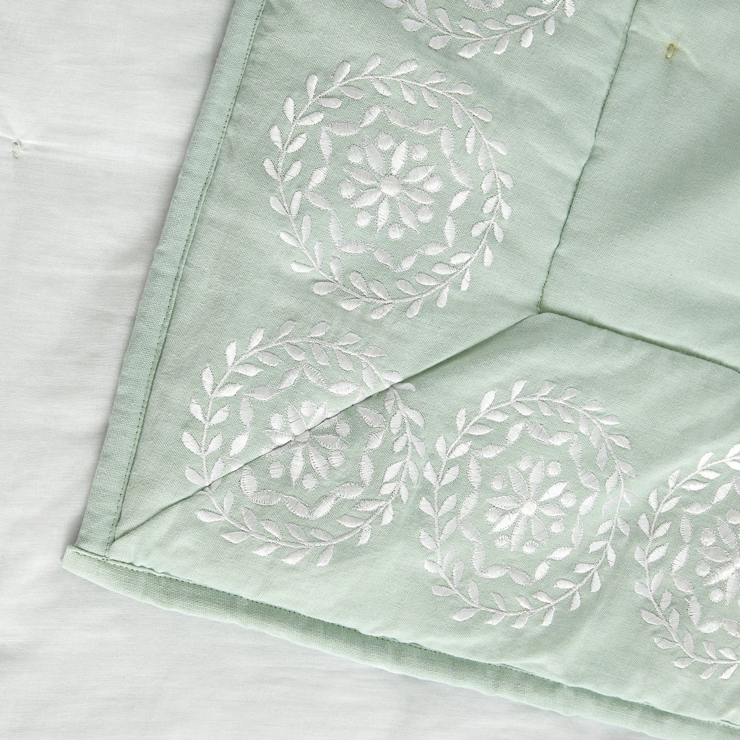 Elodie Seafoam Green Floral Embroidered Quilted Linen Blend Bedspread - Image 5