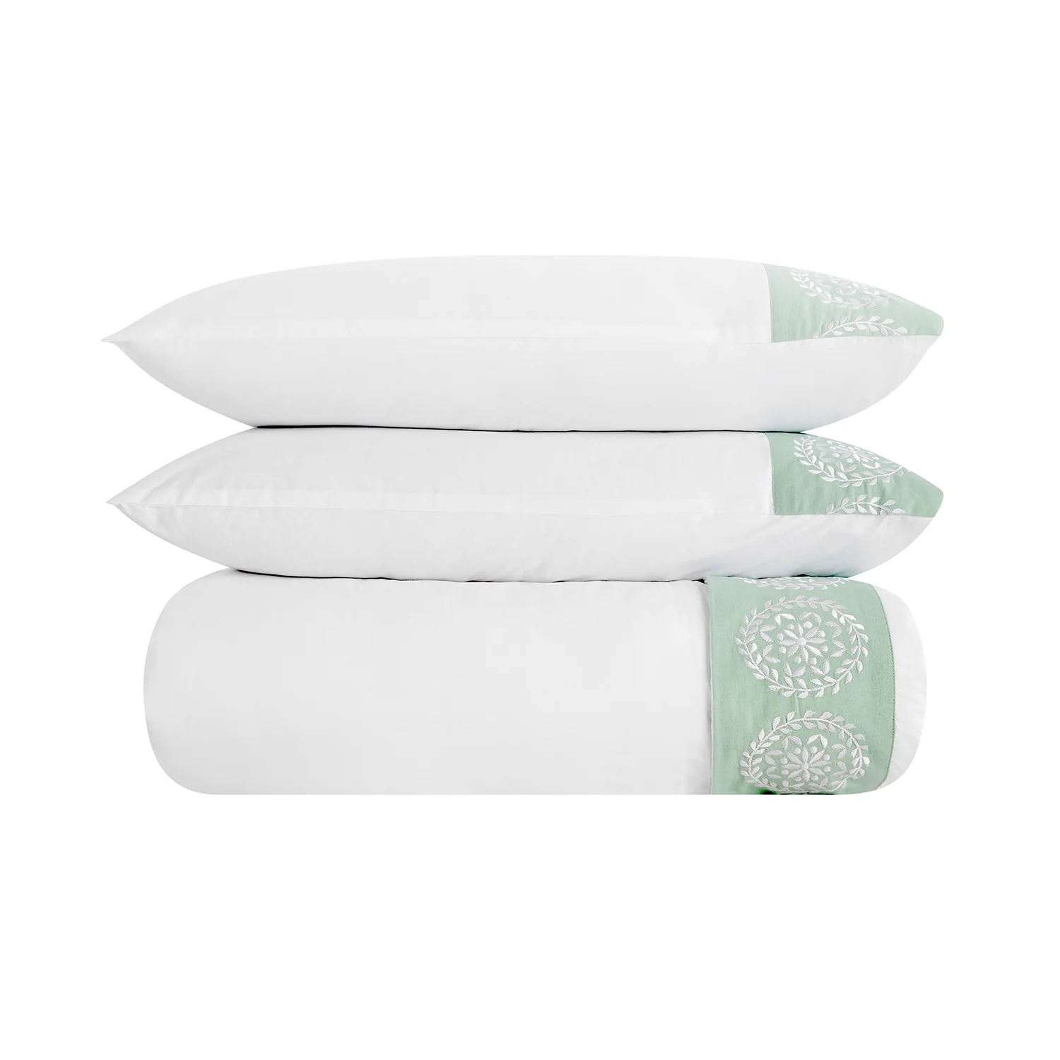 Elodie White & Seafoam Green Floral Embroidered 300 Thread Count Cotton Percale Duvet Set - Image 2