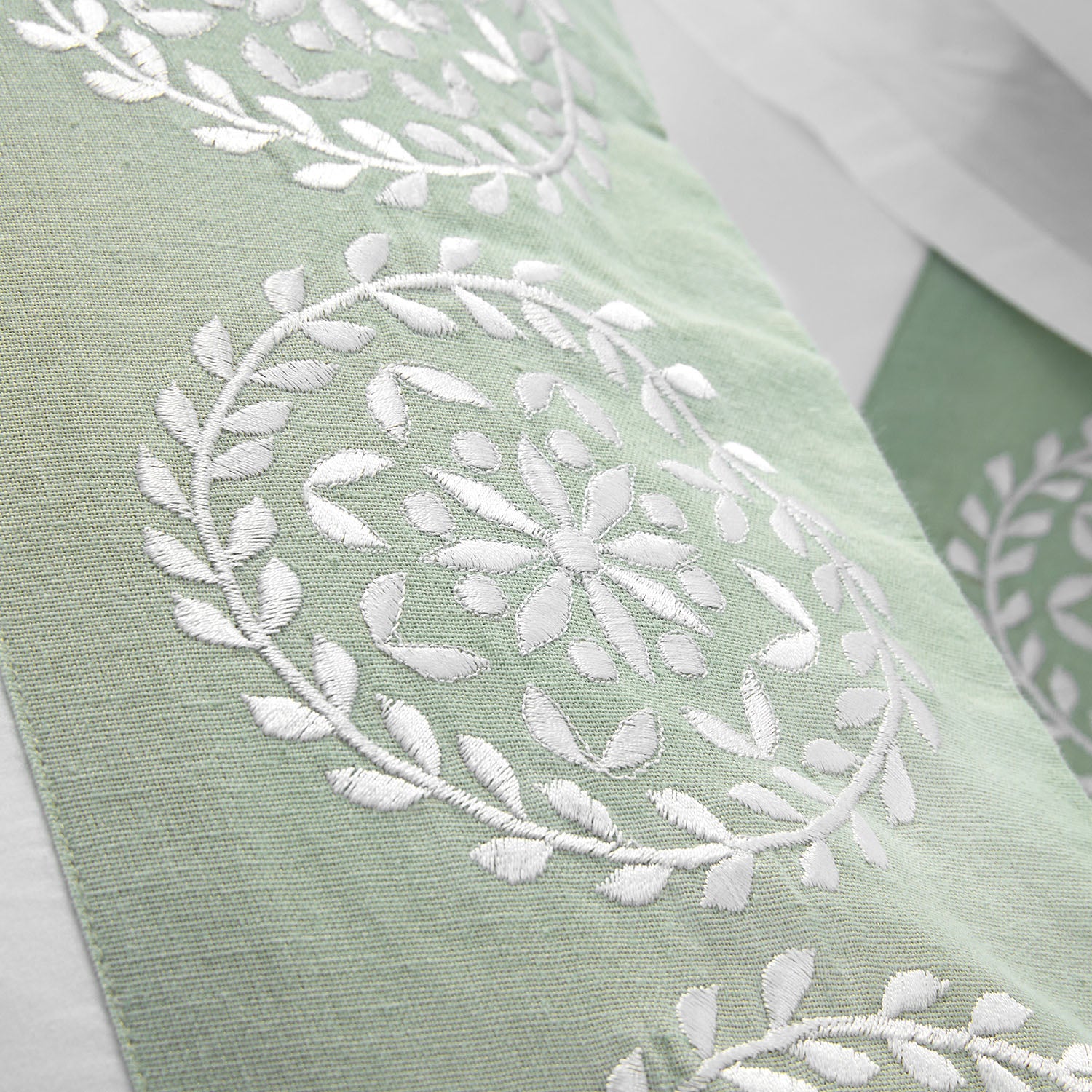 Elodie White & Seafoam Green Floral Embroidered 300 Thread Count Cotton Percale Duvet Set - Image 3