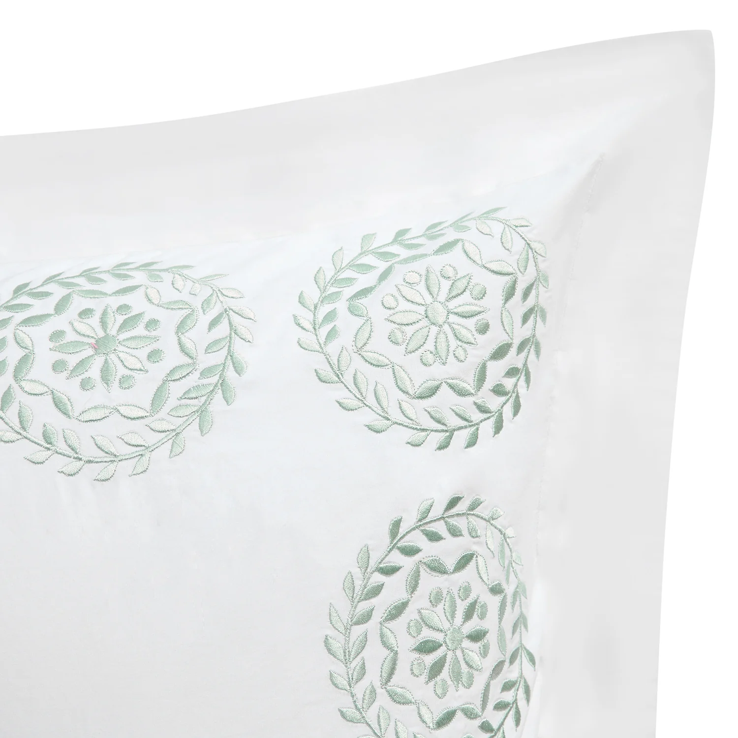 Elodie White & Seafoam Green Floral Embroidered 300 Thread Count Cotton Percale King Size Oxford Pillowcases - Pair - Image 3