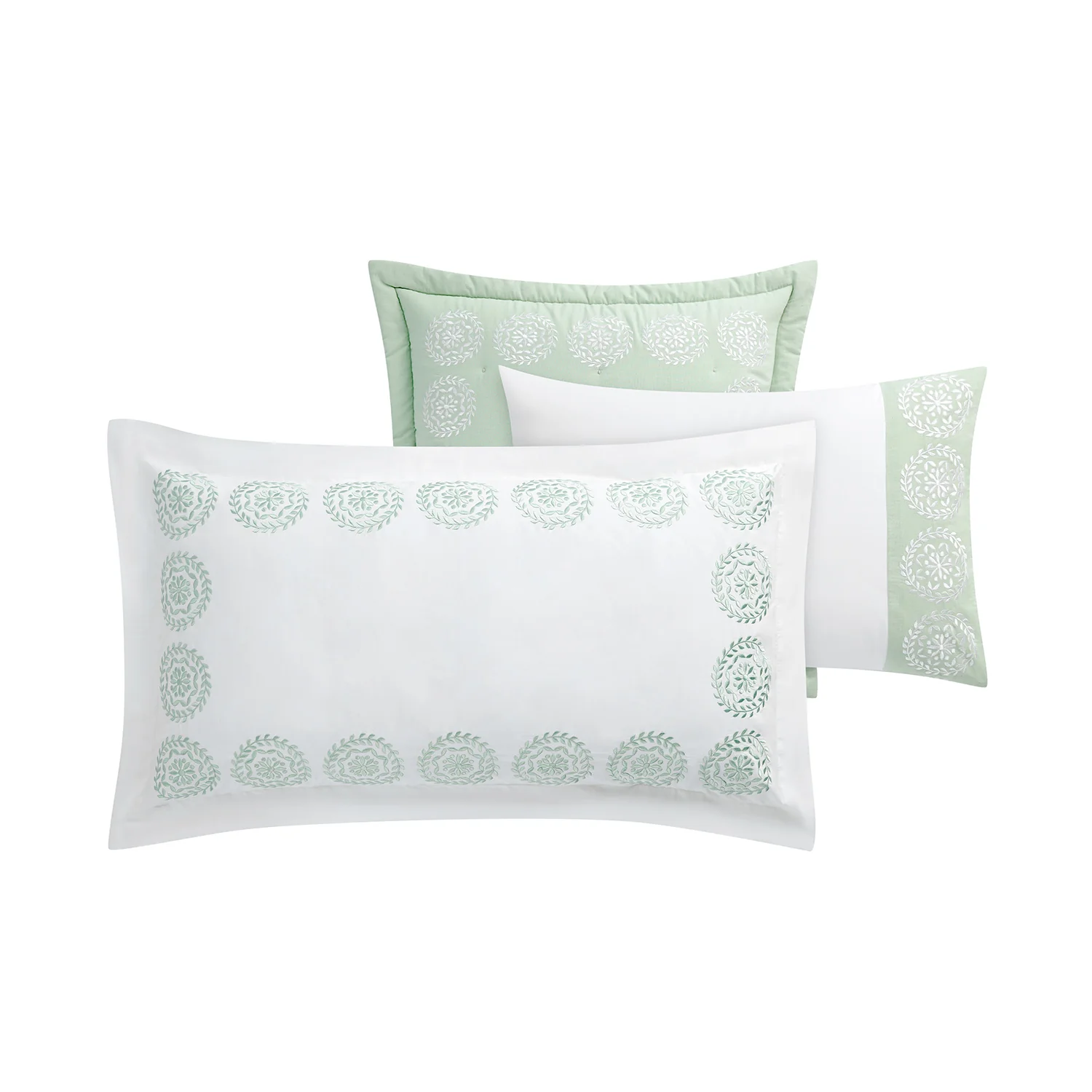 Elodie White & Seafoam Green Floral Embroidered 300 Thread Count Cotton Percale Regular Pillowcases - Pair - Image 3