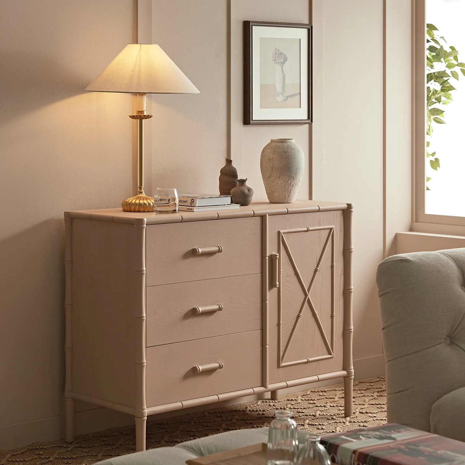 Elstowe Faux Bamboo 1-Door 3-Drawer Sideboard, Nude Pink - Image 2