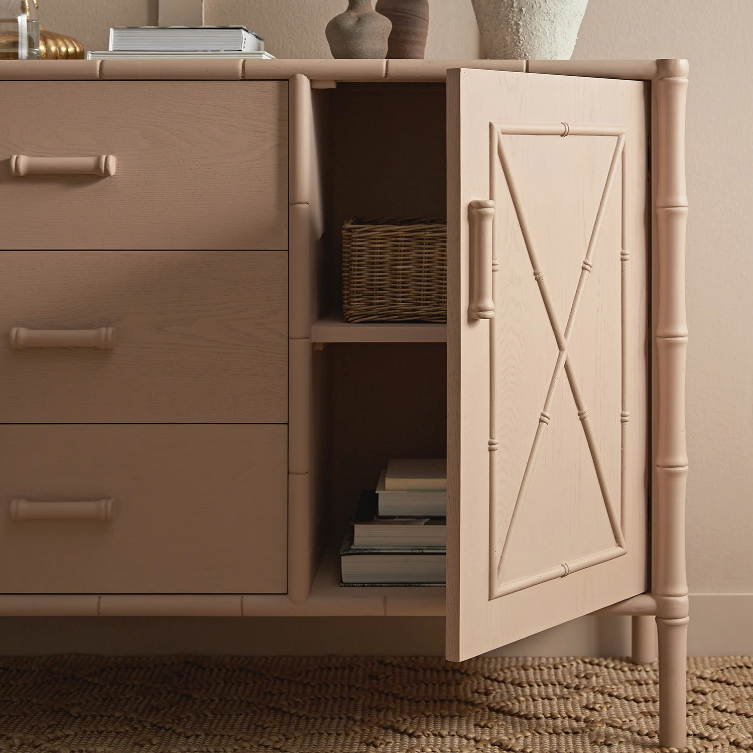 Elstowe Faux Bamboo 1-Door 3-Drawer Sideboard, Nude Pink - Image 5