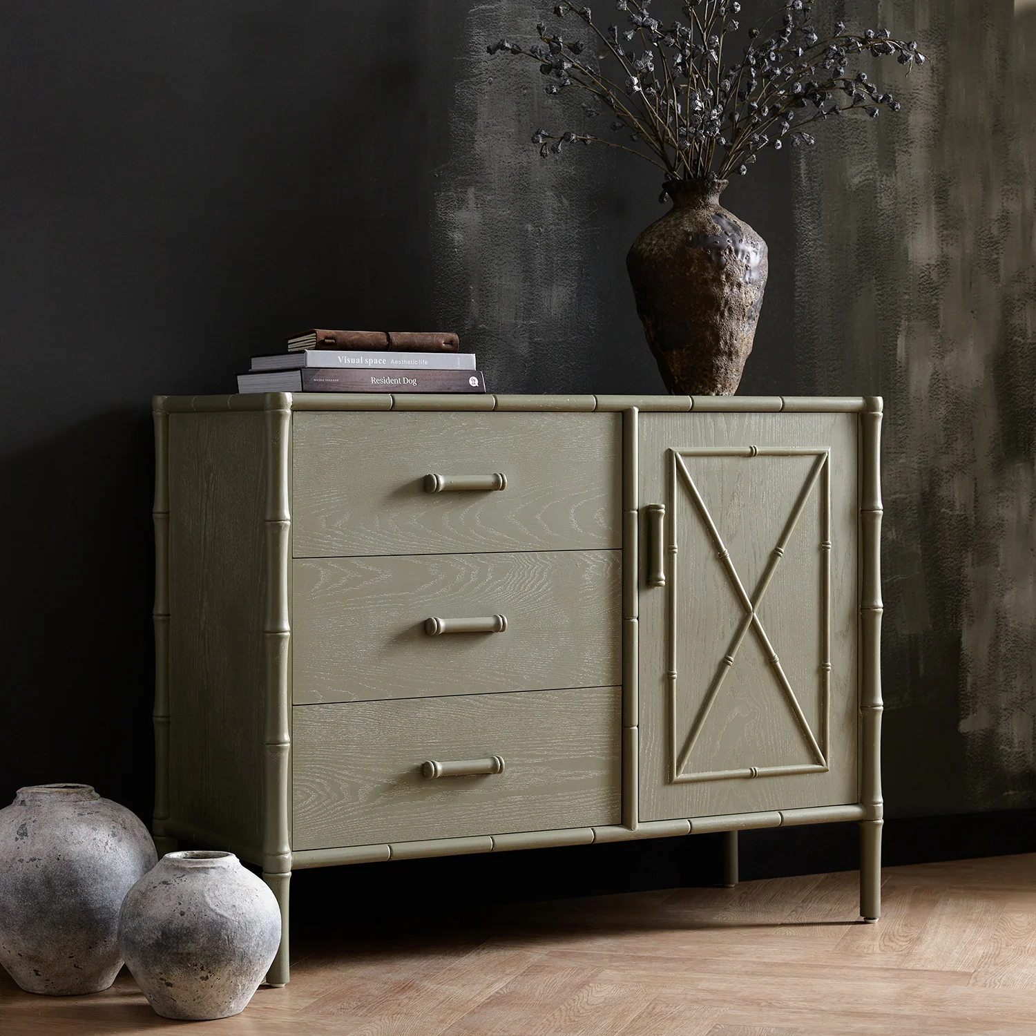 Elstowe Faux Bamboo 1-Door 3-Drawer Sideboard, Sage Green - Image 2