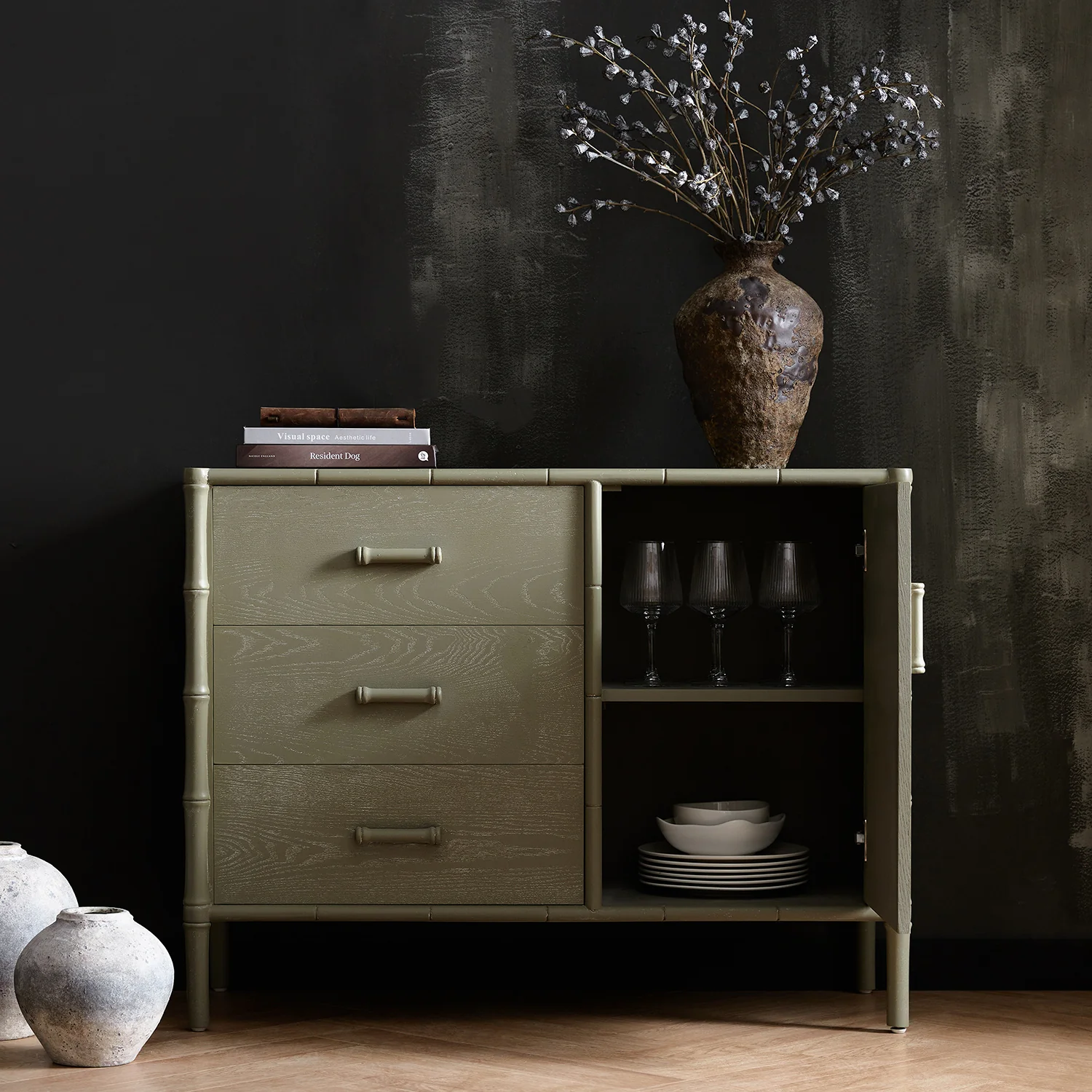 Elstowe Faux Bamboo 1-Door 3-Drawer Sideboard, Sage Green - Image 3