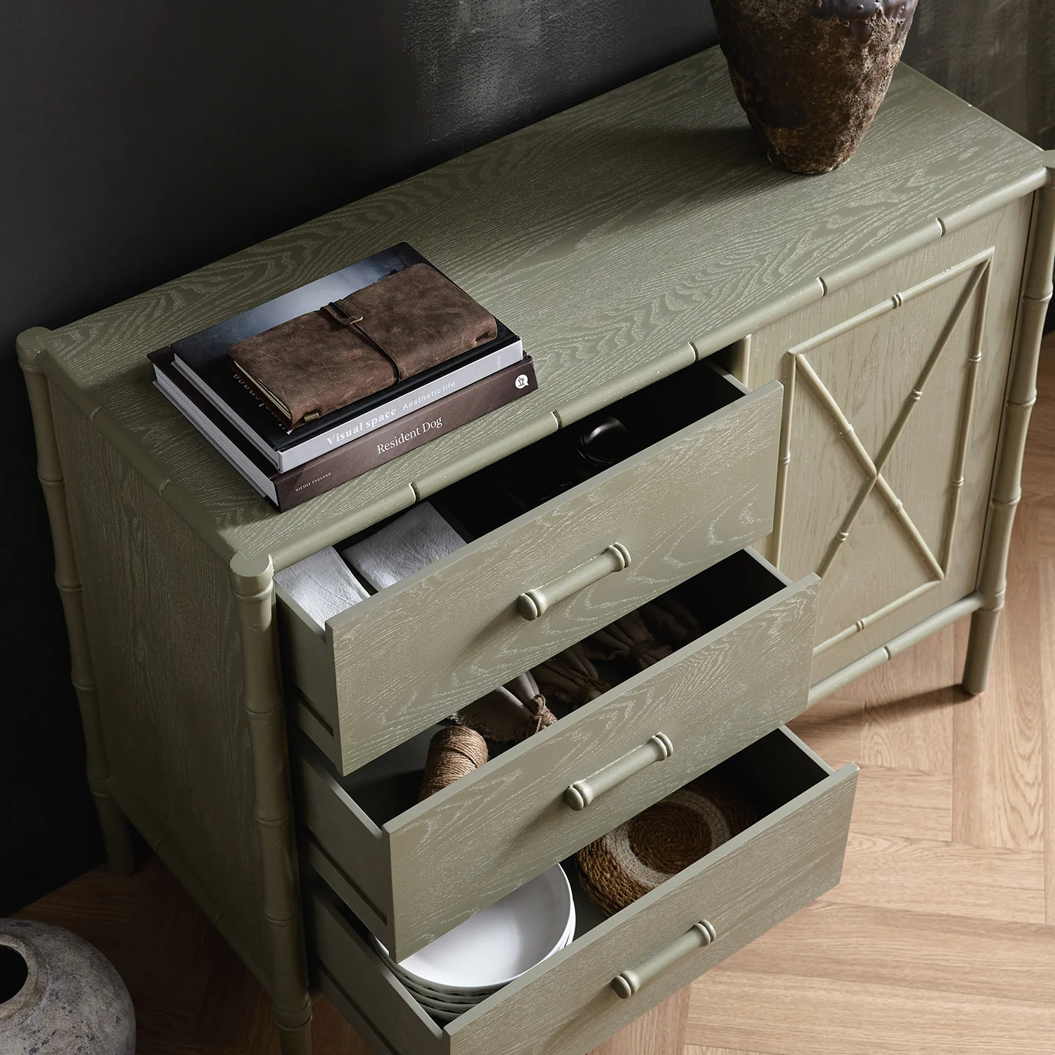 Elstowe Faux Bamboo 1-Door 3-Drawer Sideboard, Sage Green - Image 4