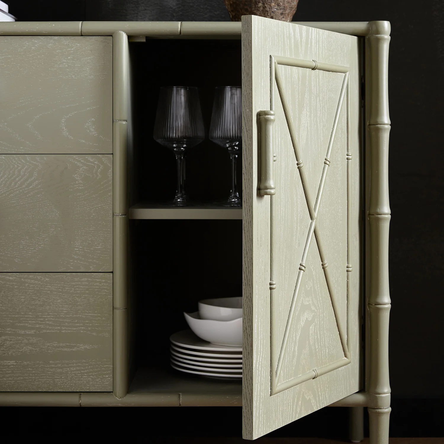 Elstowe Faux Bamboo 1-Door 3-Drawer Sideboard, Sage Green - Image 5