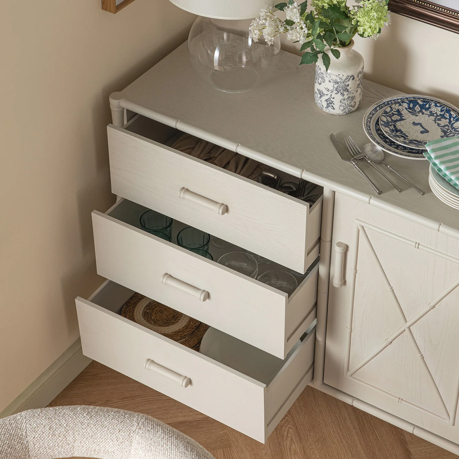 Elstowe Faux Bamboo 1-Door 3-Drawer Sideboard, Shaded White - Image 5