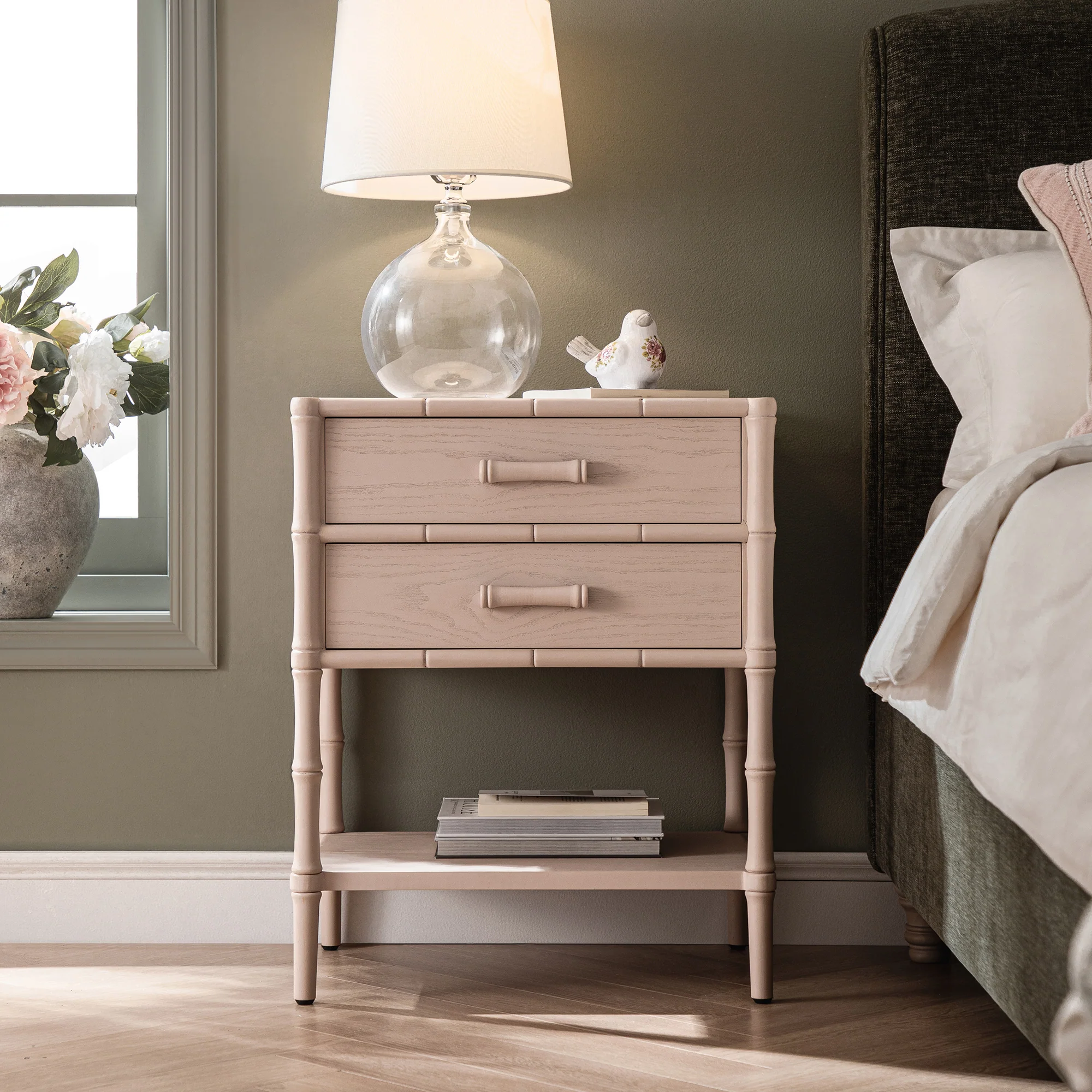 Elstowe Faux Bamboo 2-Drawer Bedside Table, Nude Pink - Image 2