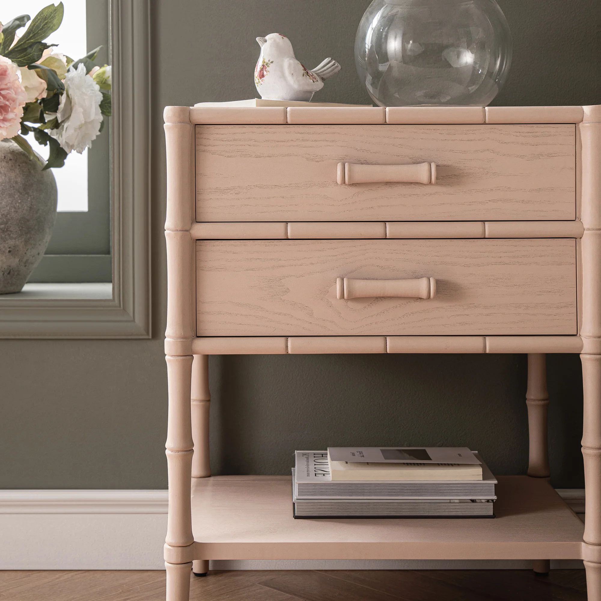 Elstowe Faux Bamboo 2-Drawer Bedside Table, Nude Pink - Image 5