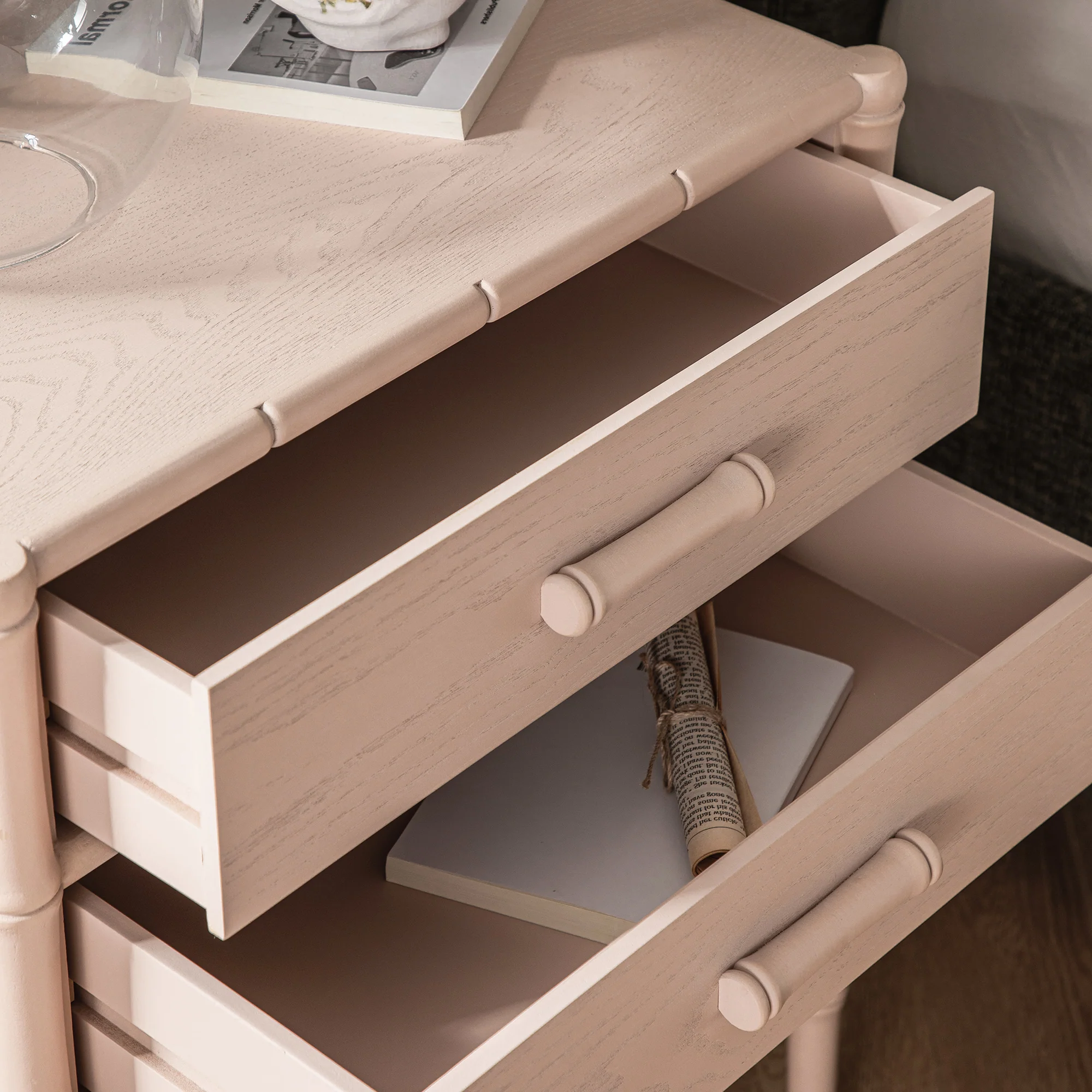 Elstowe Faux Bamboo 2-Drawer Bedside Table, Nude Pink - Image 6