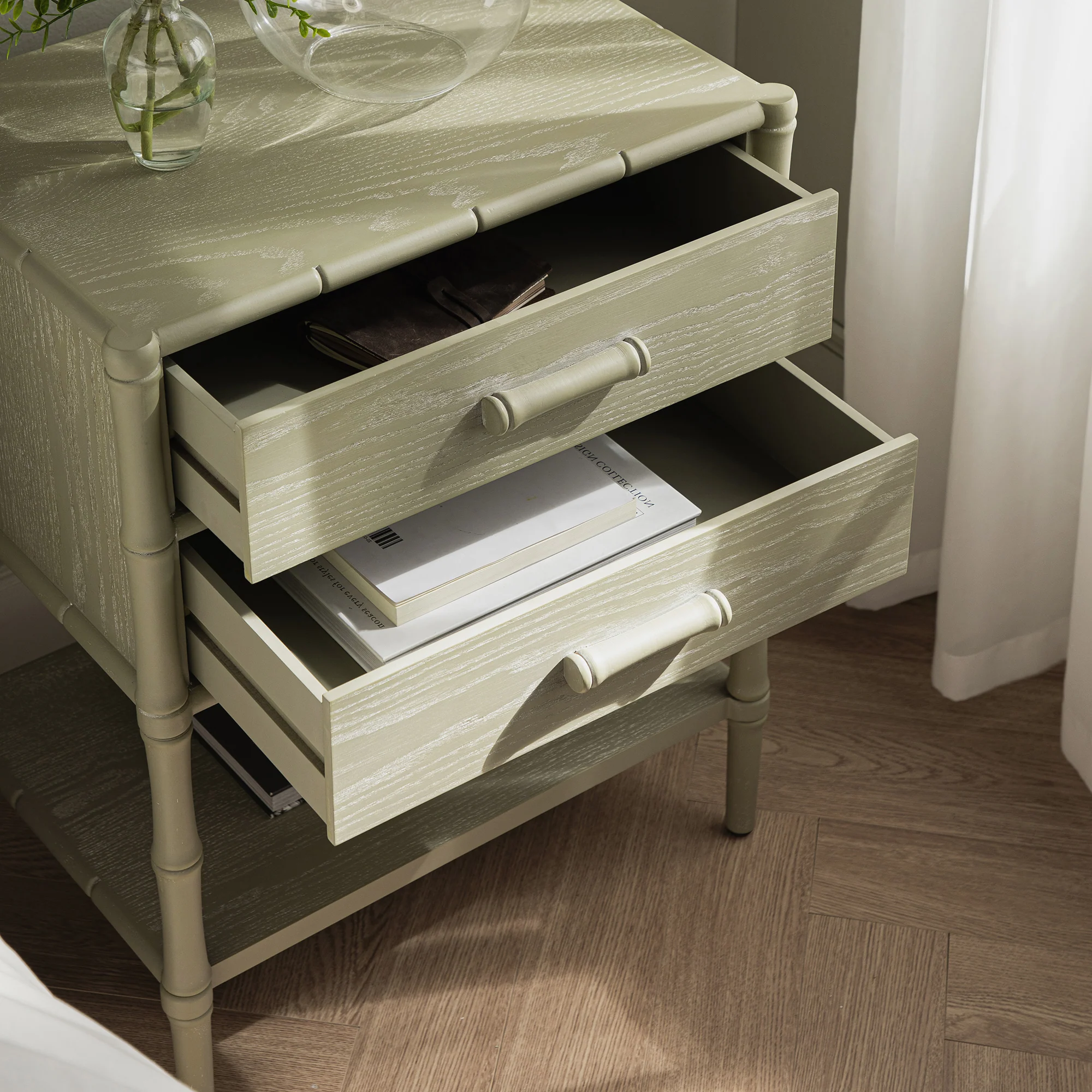 Elstowe Faux Bamboo 2-Drawer Bedside Table, Sage Green - Image 3