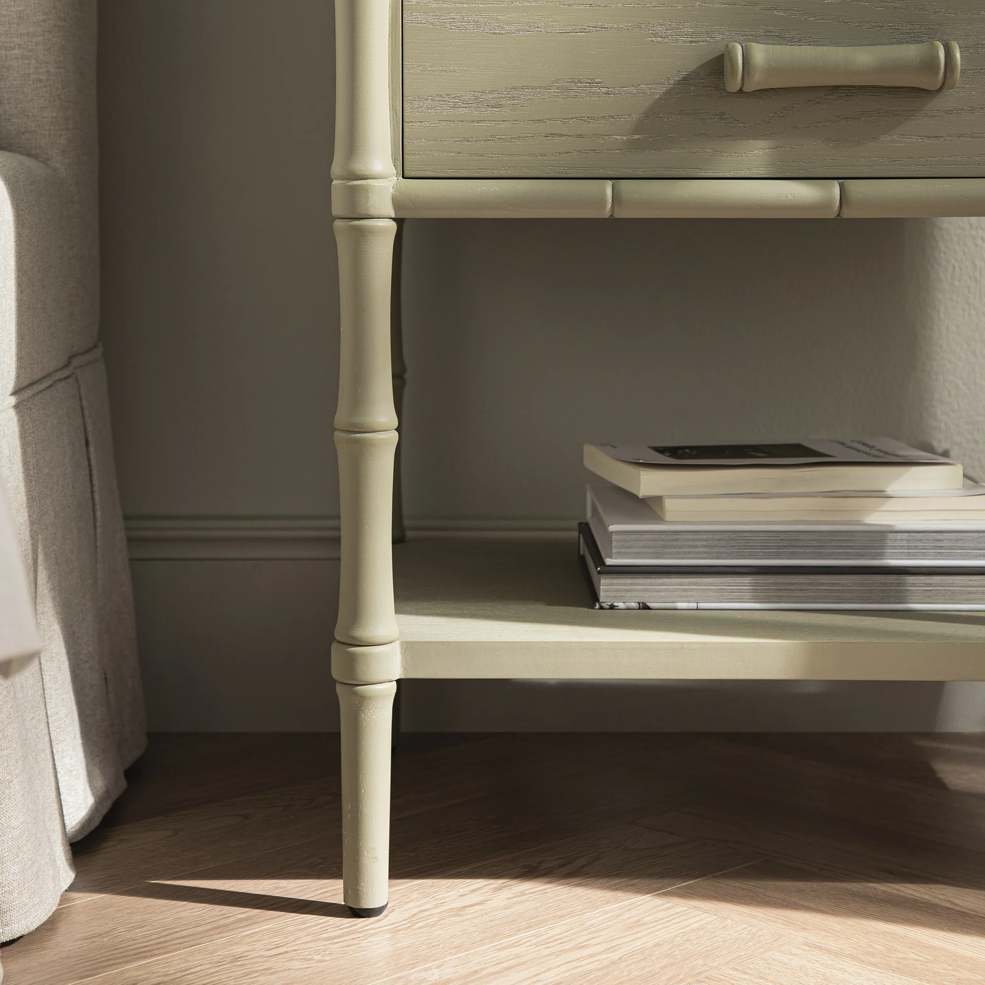 Elstowe Faux Bamboo 2-Drawer Bedside Table, Sage Green - Image 5