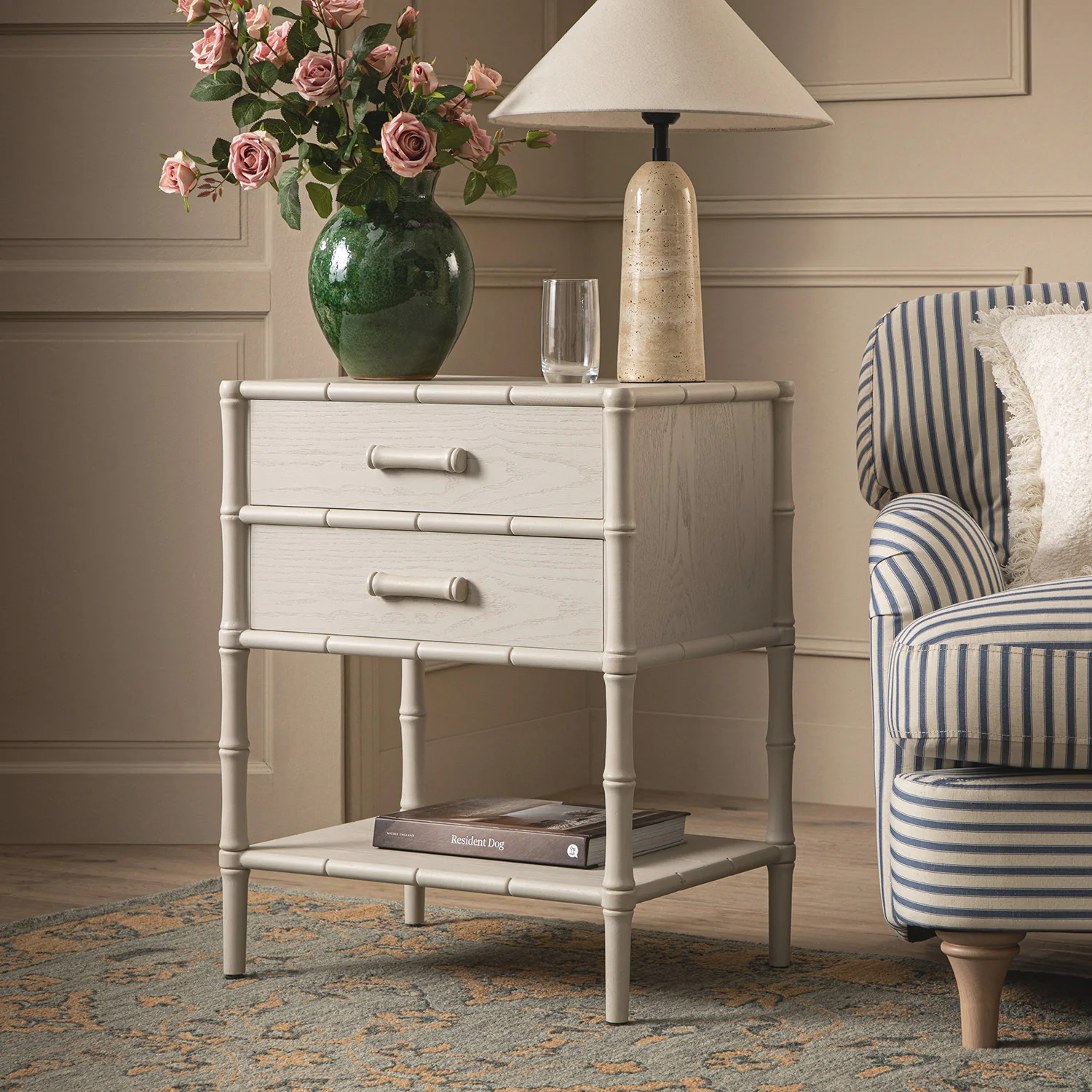 Elstowe Faux Bamboo 2-Drawer Bedside Table, Shaded White - Image 2