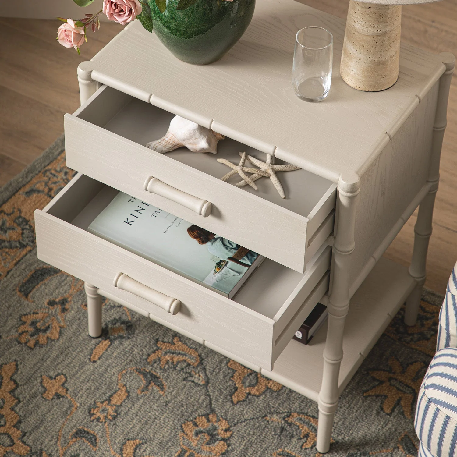 Elstowe Faux Bamboo 2-Drawer Bedside Table, Shaded White - Image 3