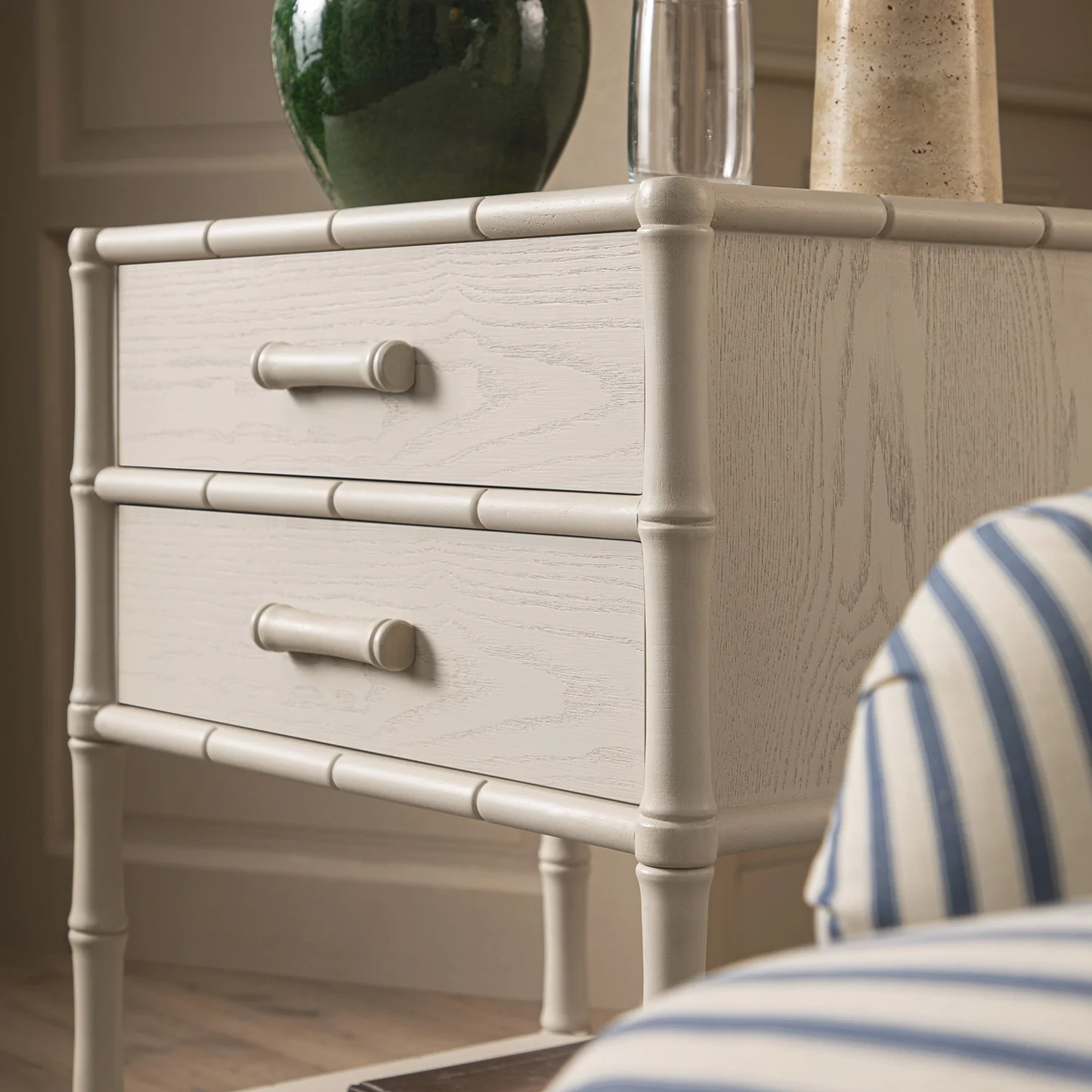Elstowe Faux Bamboo 2-Drawer Bedside Table, Shaded White - Image 4