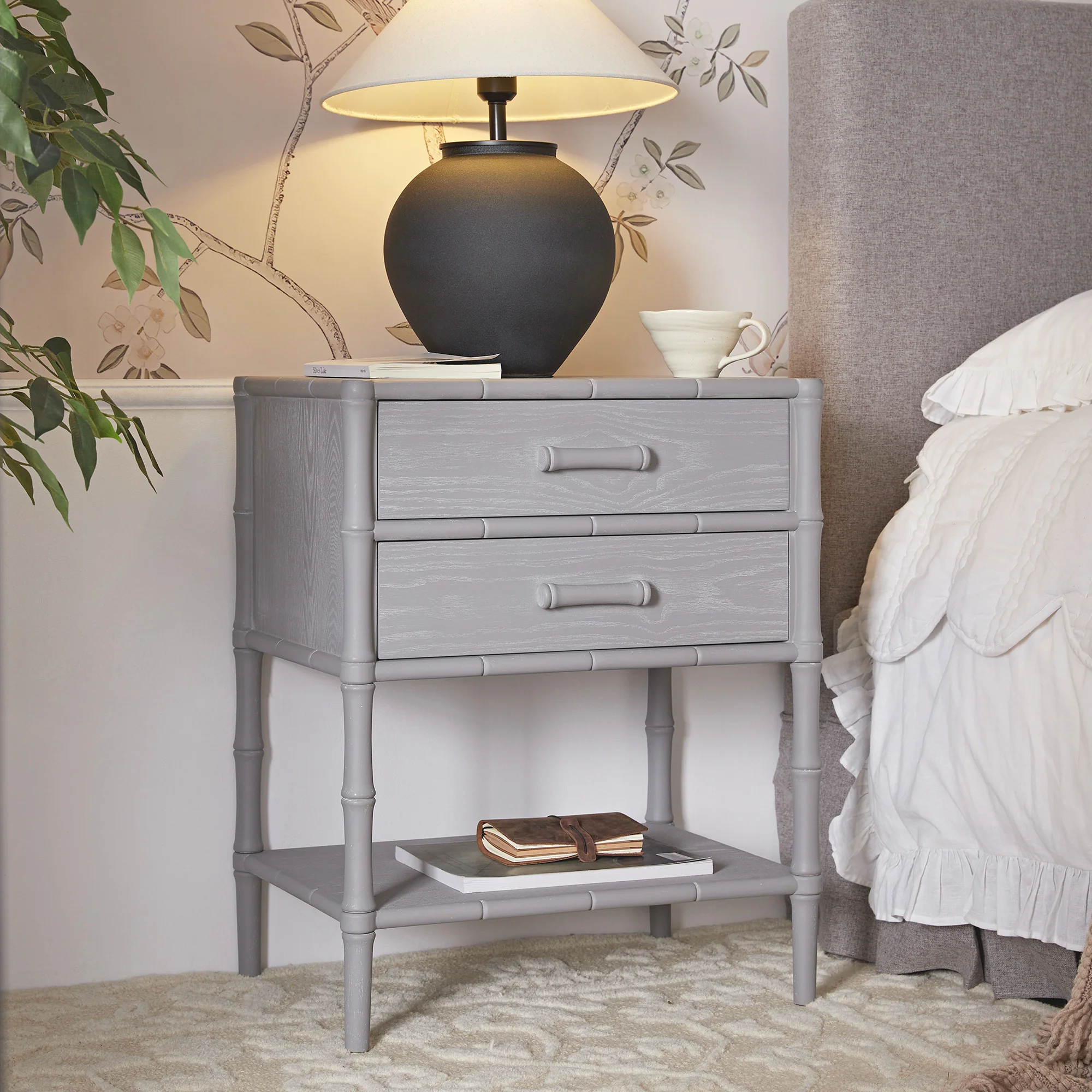 Elstowe Faux Bamboo 2-Drawer Bedside Table, Warm Grey - Image 2