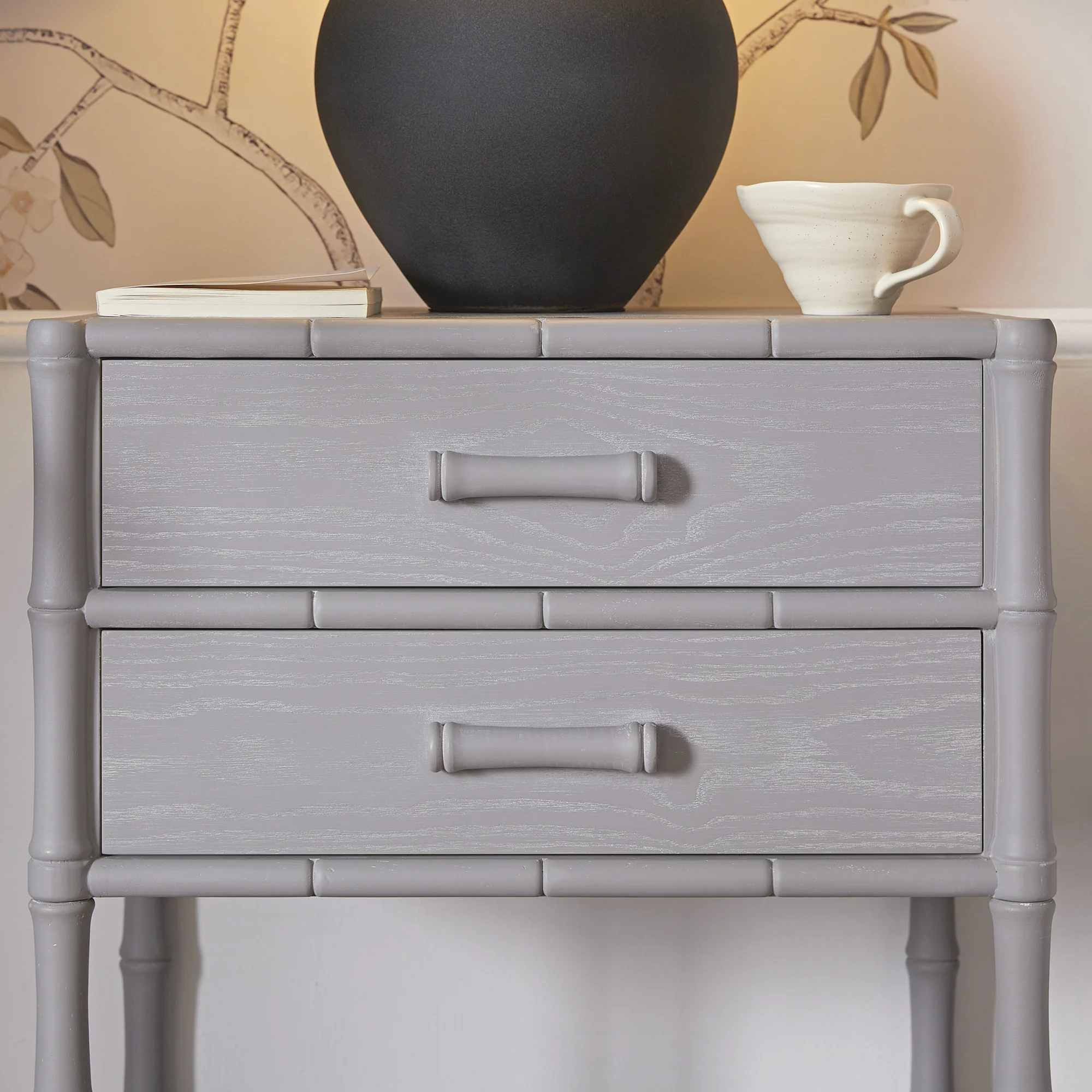 Elstowe Faux Bamboo 2-Drawer Bedside Table, Warm Grey - Image 3