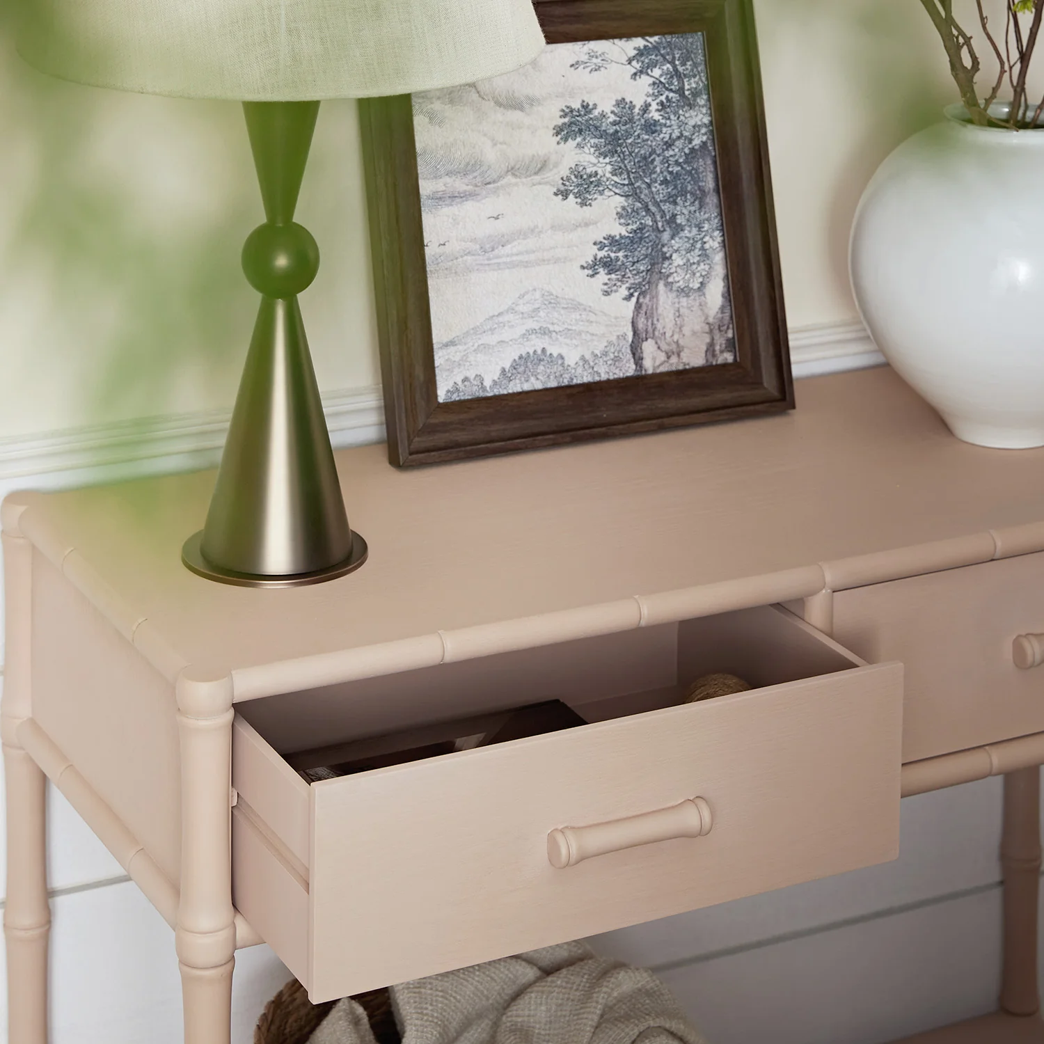 Elstowe Faux Bamboo 2-Drawer Console Table, Nude Pink - Image 4