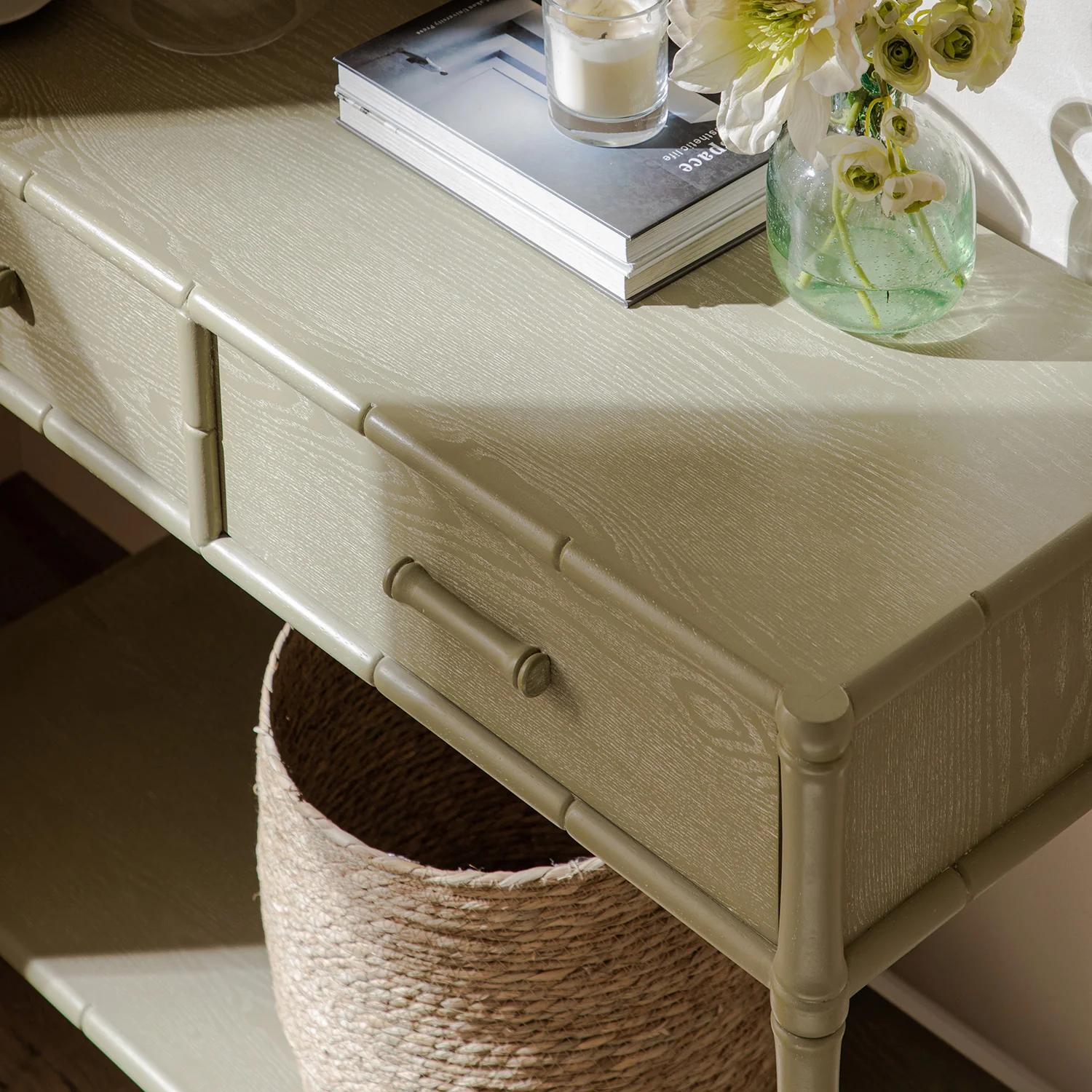 Elstowe Faux Bamboo 2-Drawer Console Table, Sage Green - Image 4