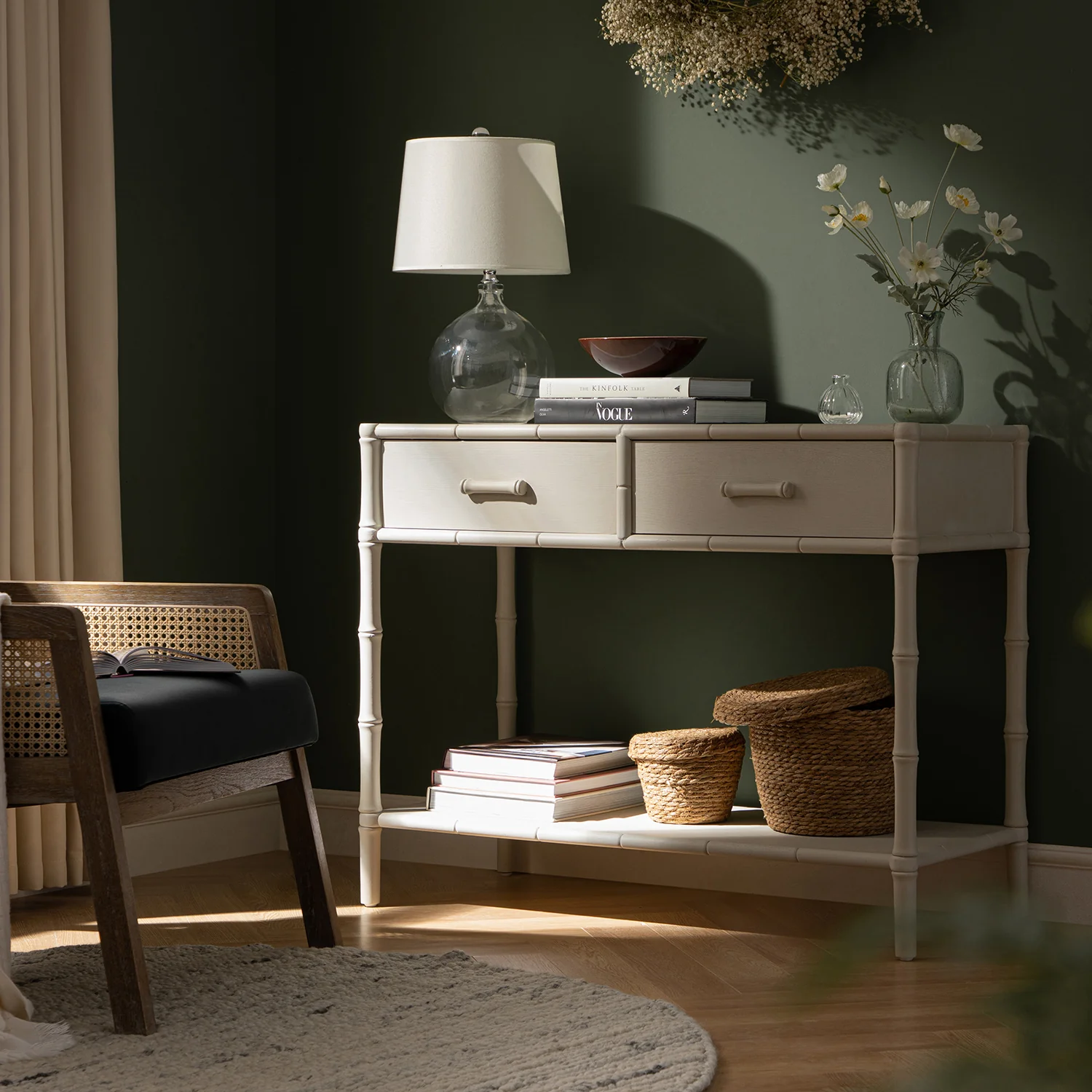 Elstowe Faux Bamboo 2-Drawer Console Table, Shaded White - Image 2