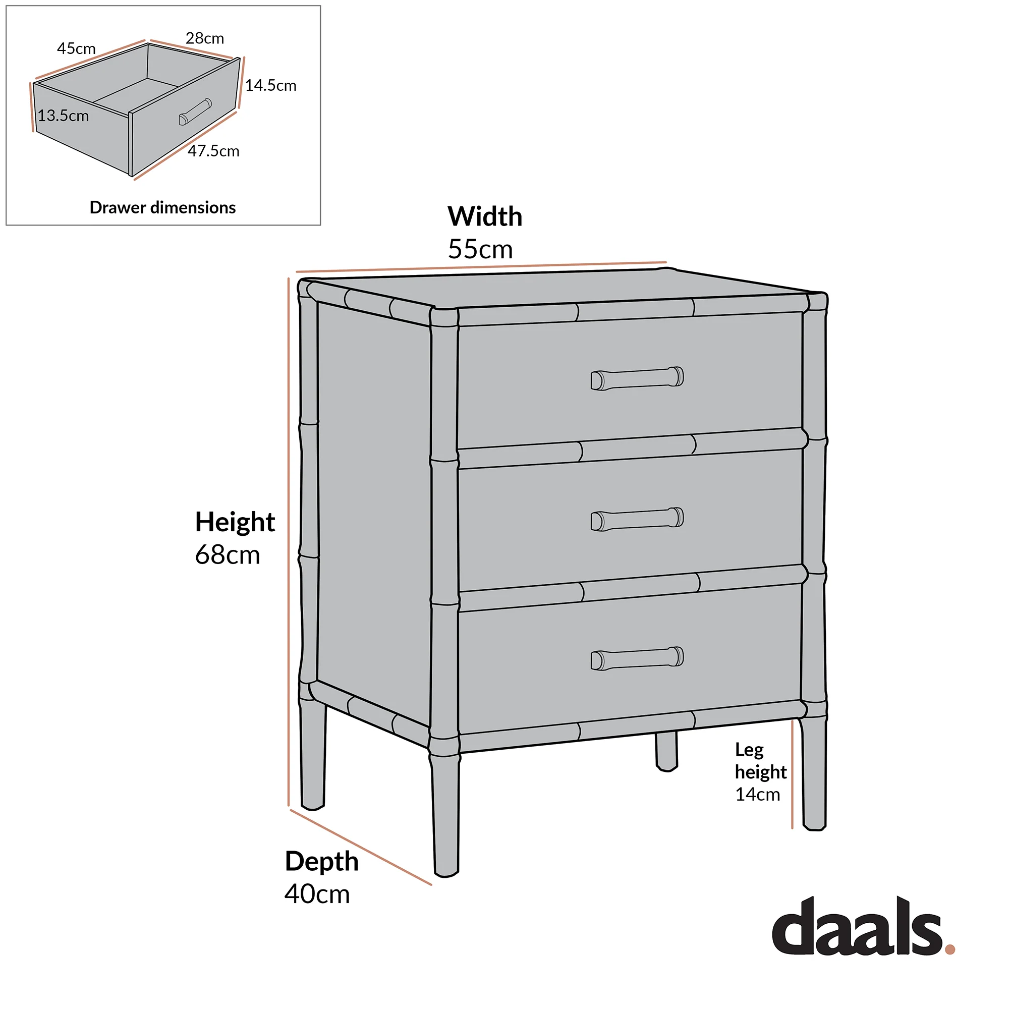 Elstowe Faux Bamboo 3-Drawer Bedside Table, Nude Pink - Image 10