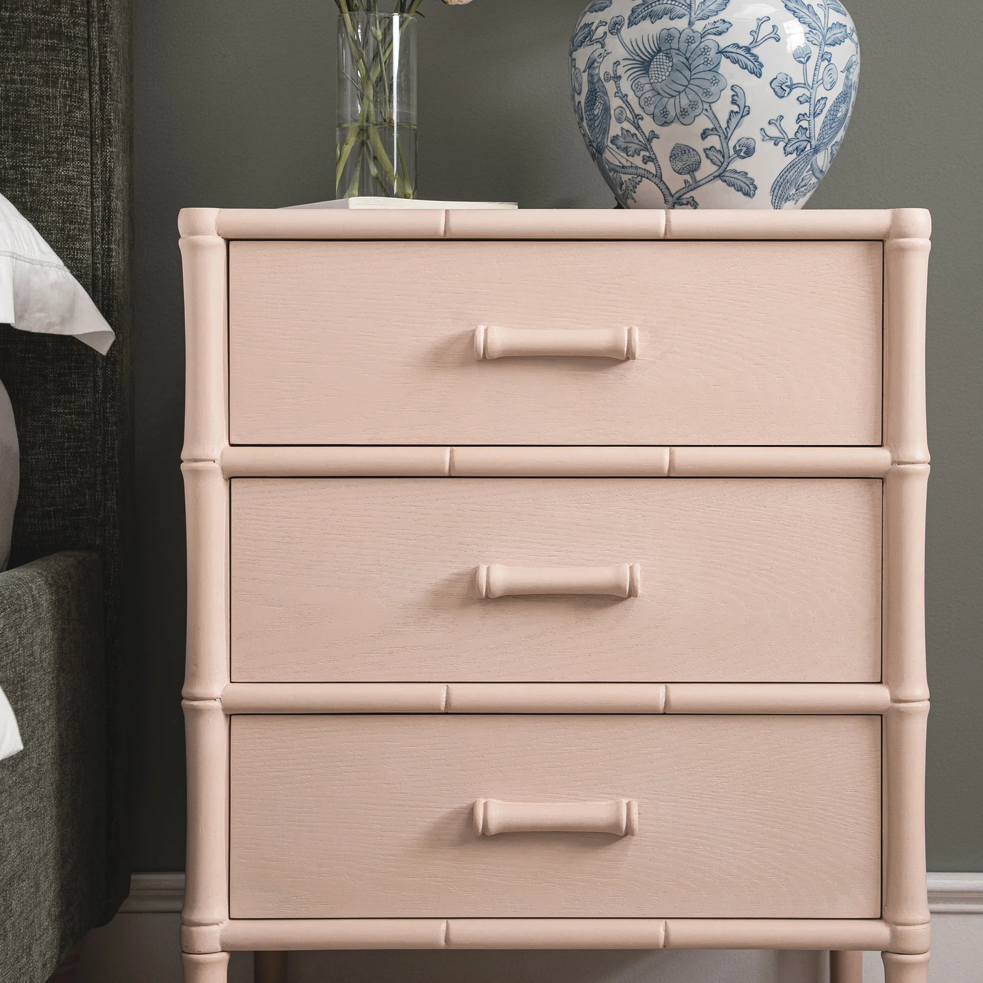 Elstowe Faux Bamboo 3-Drawer Bedside Table, Nude Pink - Image 3