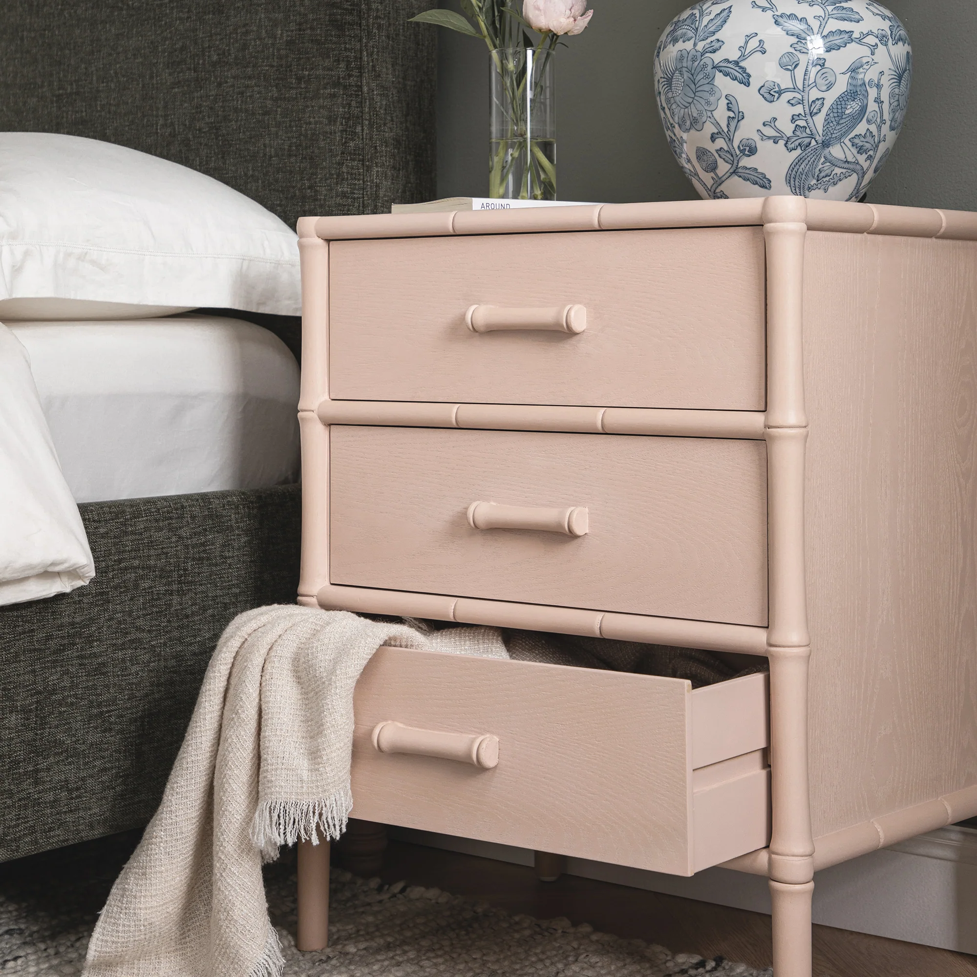 Elstowe Faux Bamboo 3-Drawer Bedside Table, Nude Pink - Image 4