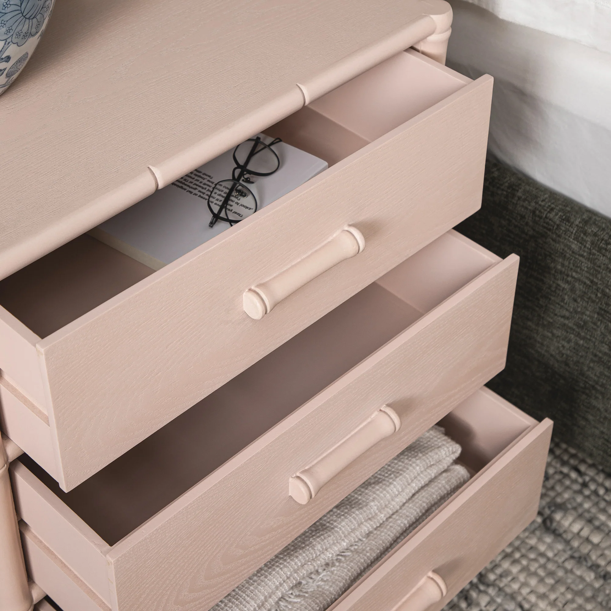 Elstowe Faux Bamboo 3-Drawer Bedside Table, Nude Pink - Image 5