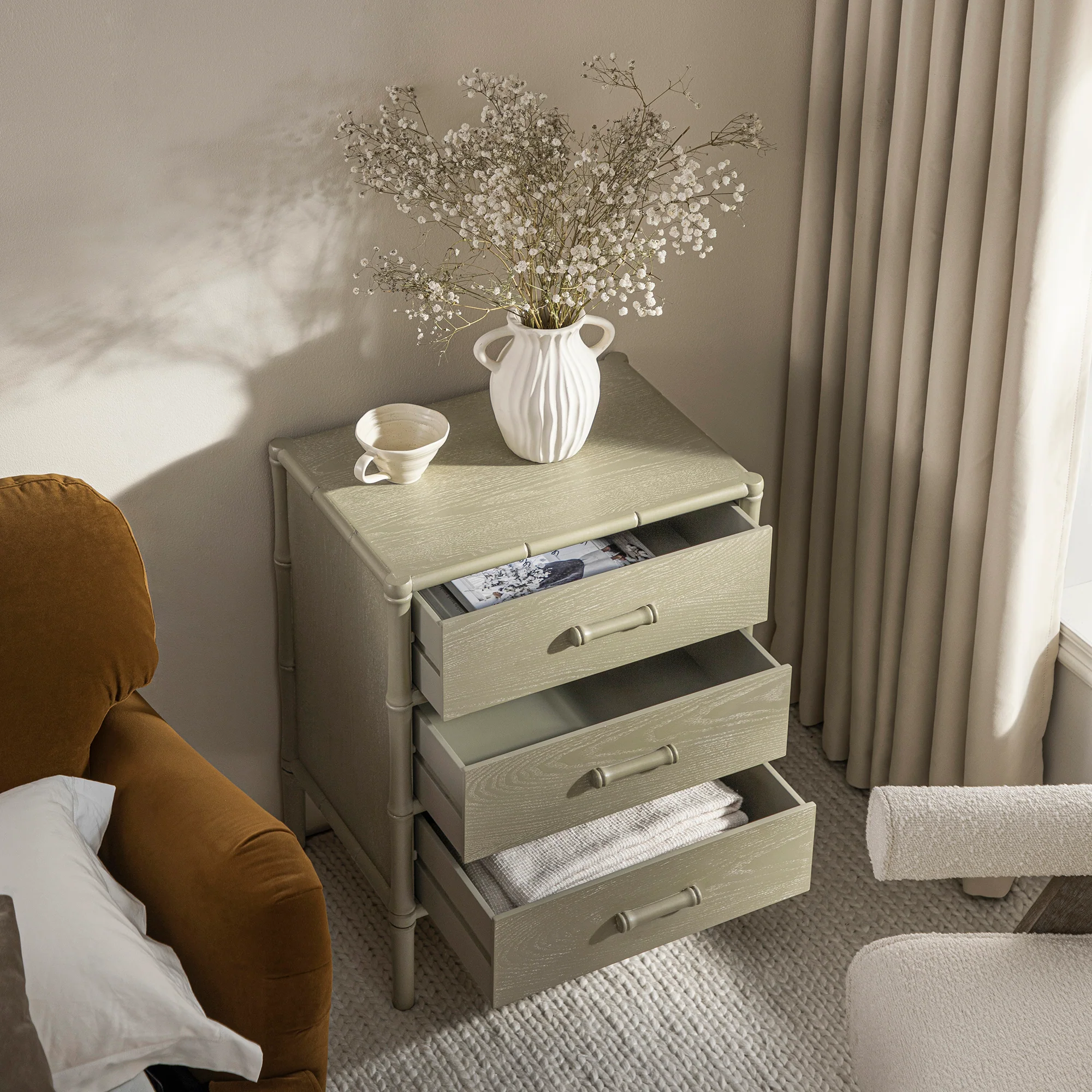 Elstowe Faux Bamboo 3-Drawer Bedside Table, Sage Green - Image 3