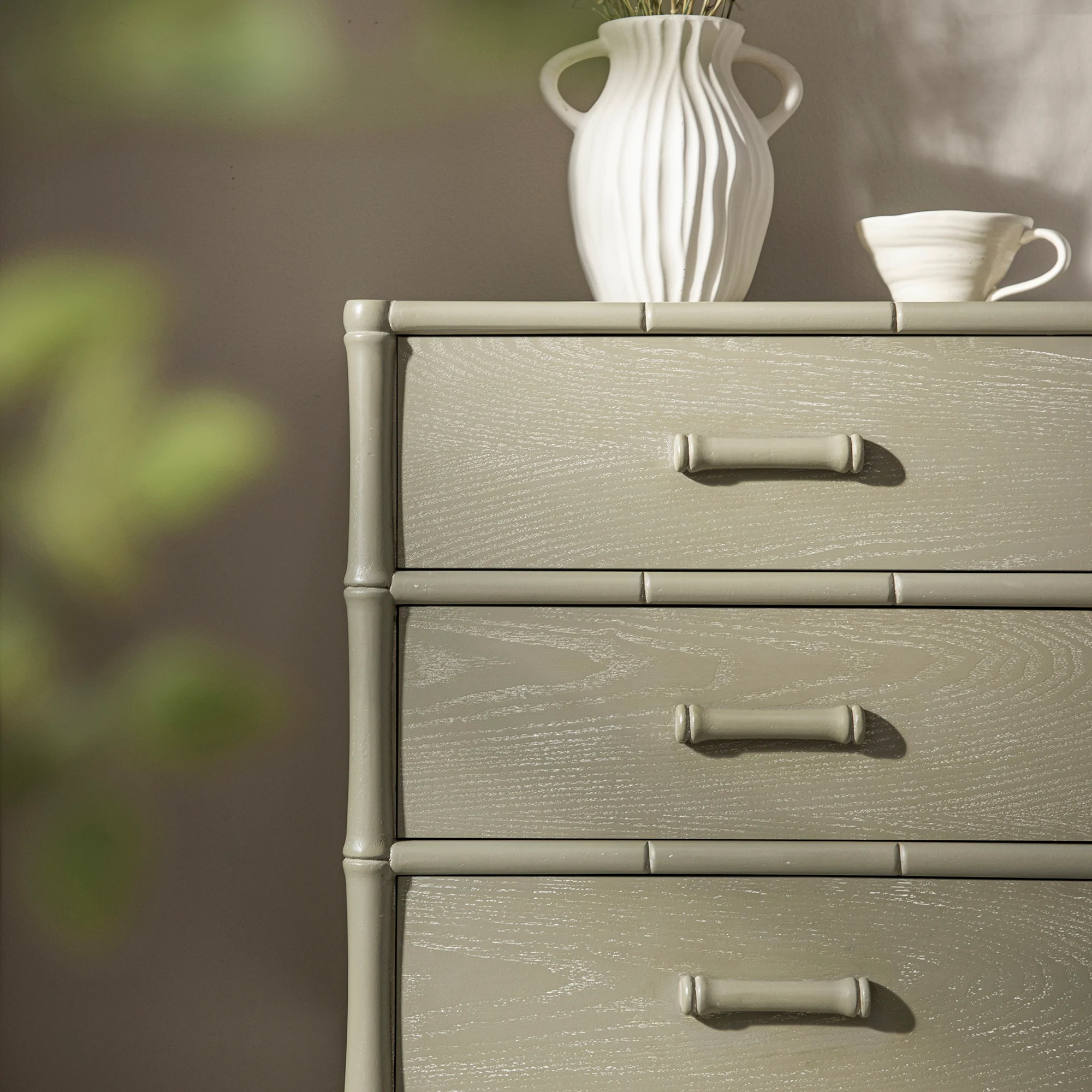 Elstowe Faux Bamboo 3-Drawer Bedside Table, Sage Green - Image 4