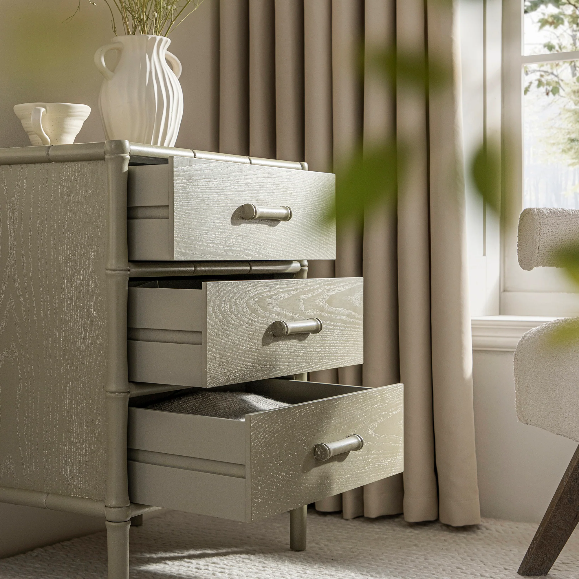 Elstowe Faux Bamboo 3-Drawer Bedside Table, Sage Green - Image 6