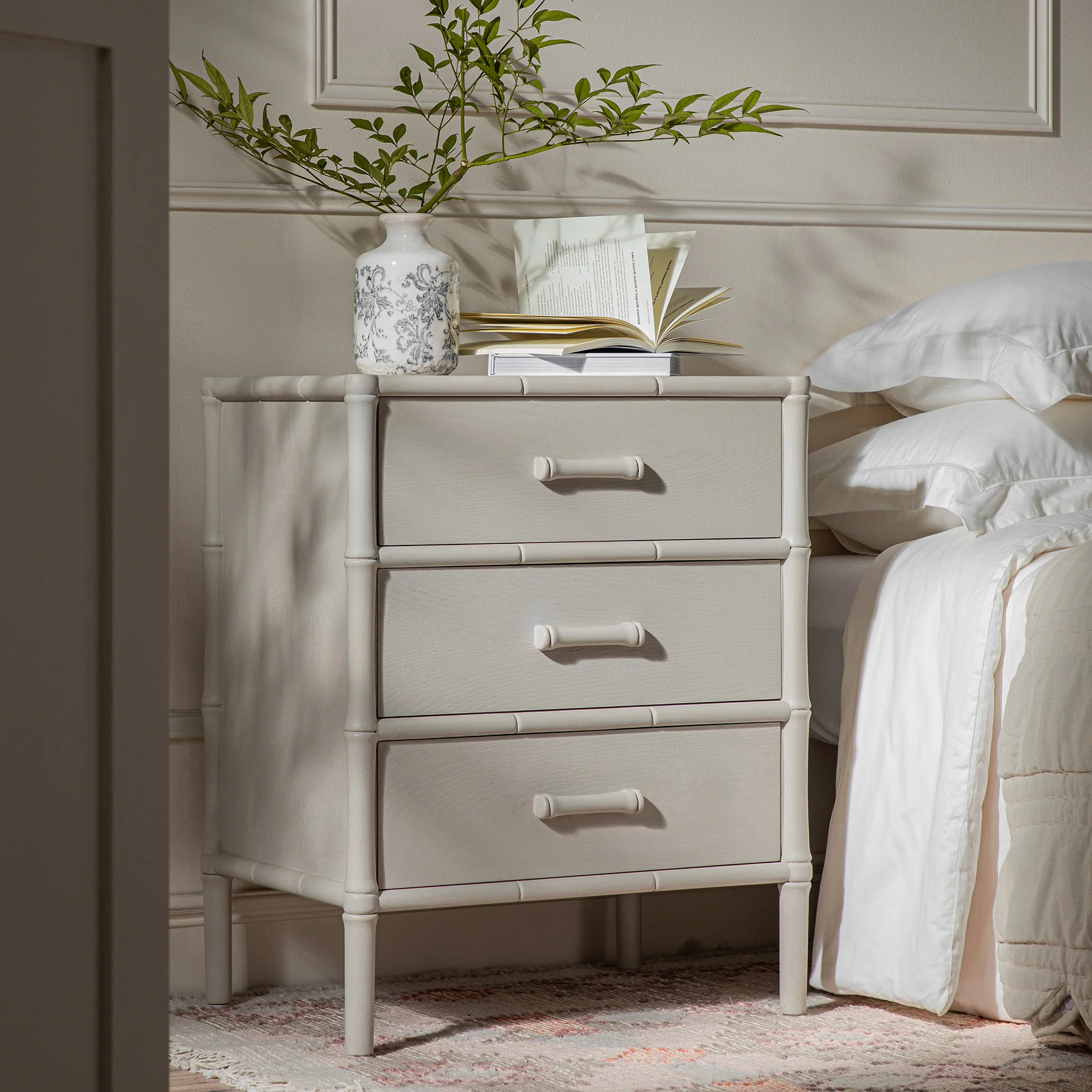 Elstowe Faux Bamboo 3-Drawer Bedside Table, Shaded White - Image 2