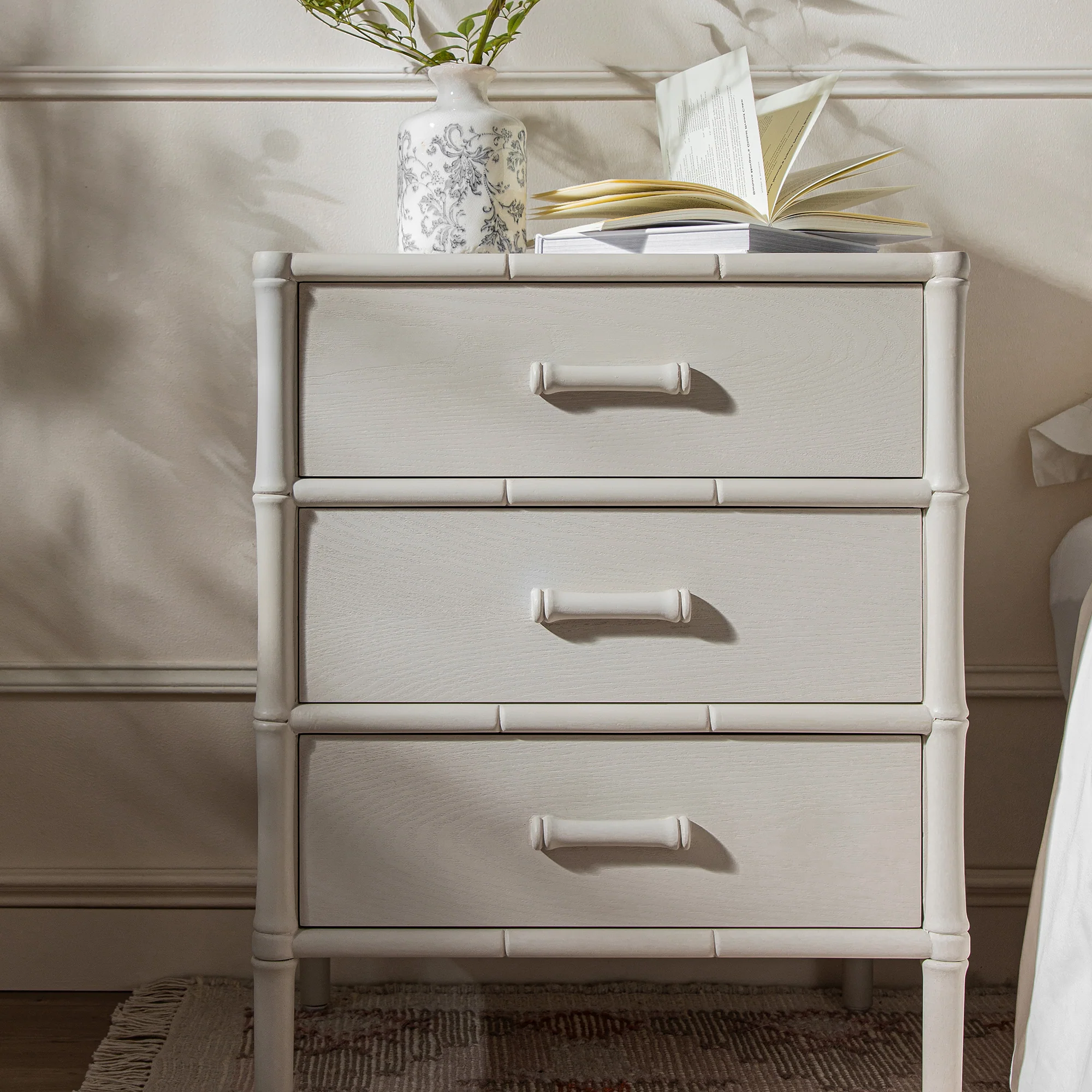 Elstowe Faux Bamboo 3-Drawer Bedside Table, Shaded White - Image 3