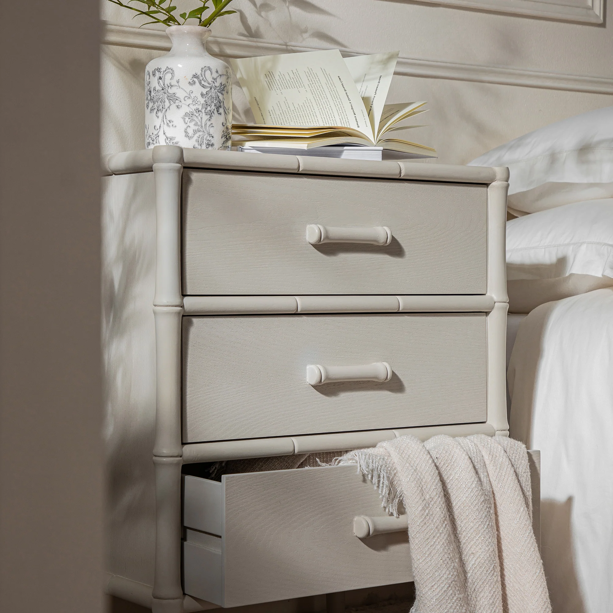 Elstowe Faux Bamboo 3-Drawer Bedside Table, Shaded White - Image 4