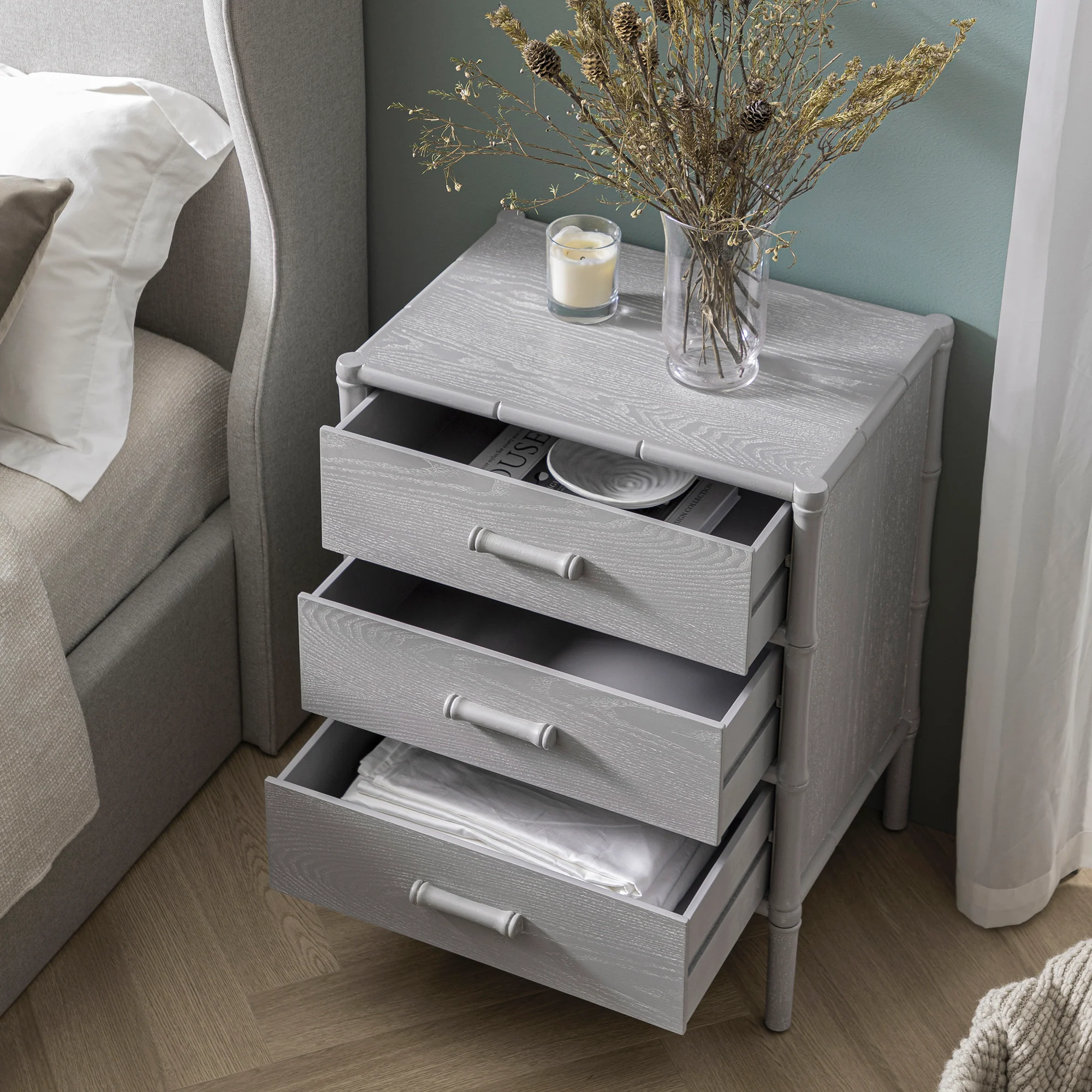 Elstowe Faux Bamboo 3-Drawer Bedside Table, Warm Grey - Image 3