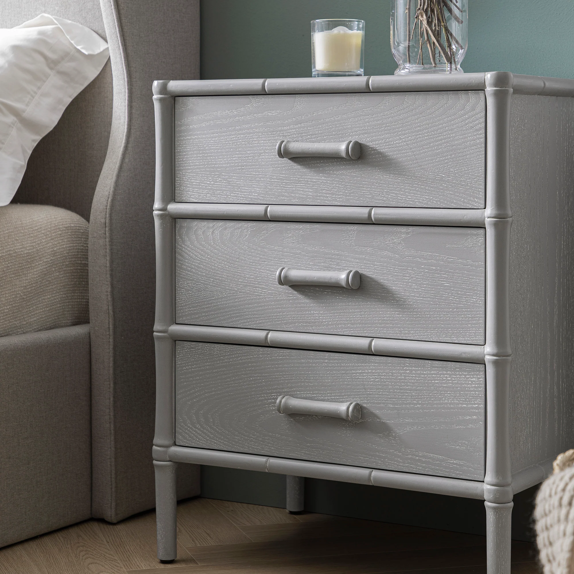 Elstowe Faux Bamboo 3-Drawer Bedside Table, Warm Grey - Image 4