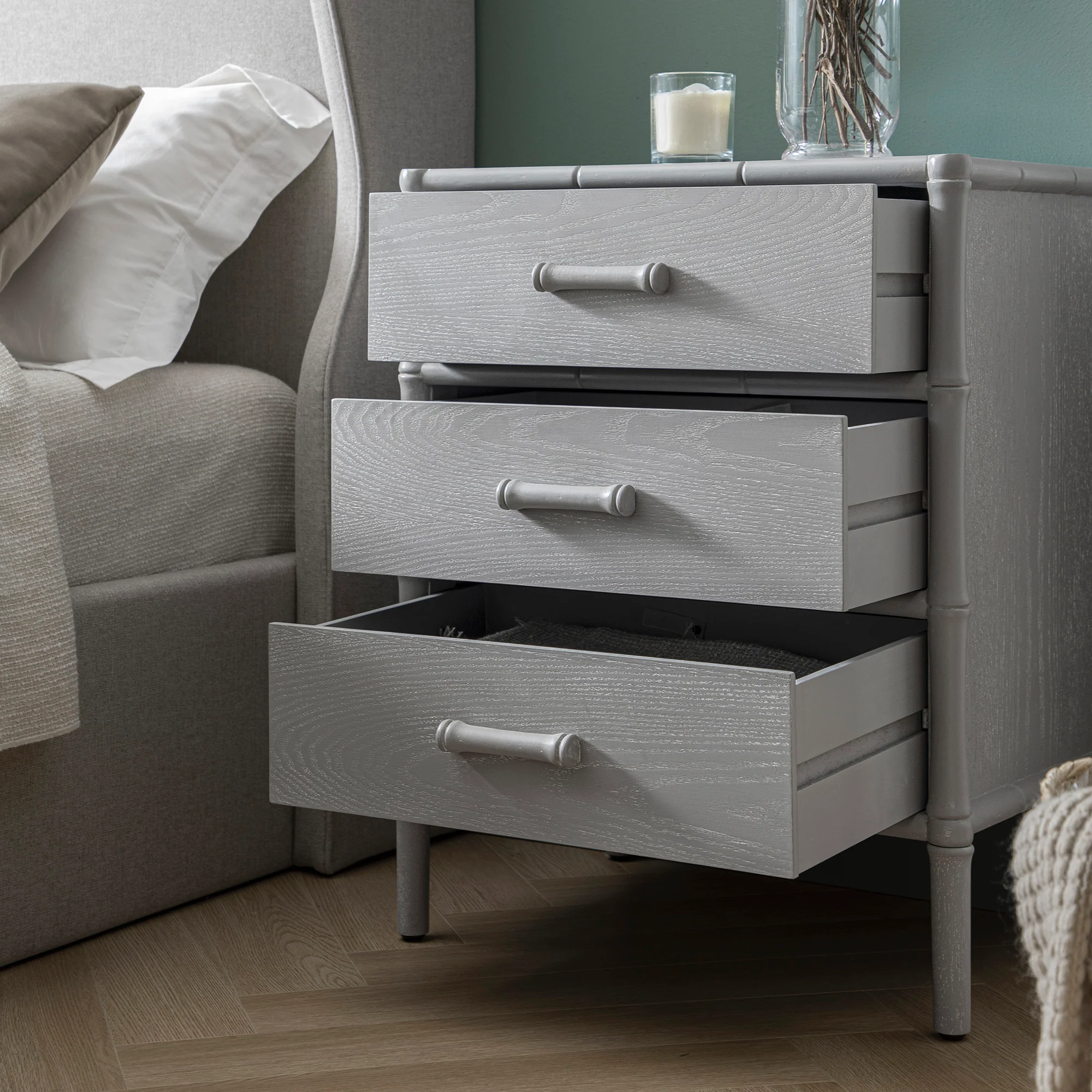 Elstowe Faux Bamboo 3-Drawer Bedside Table, Warm Grey - Image 5