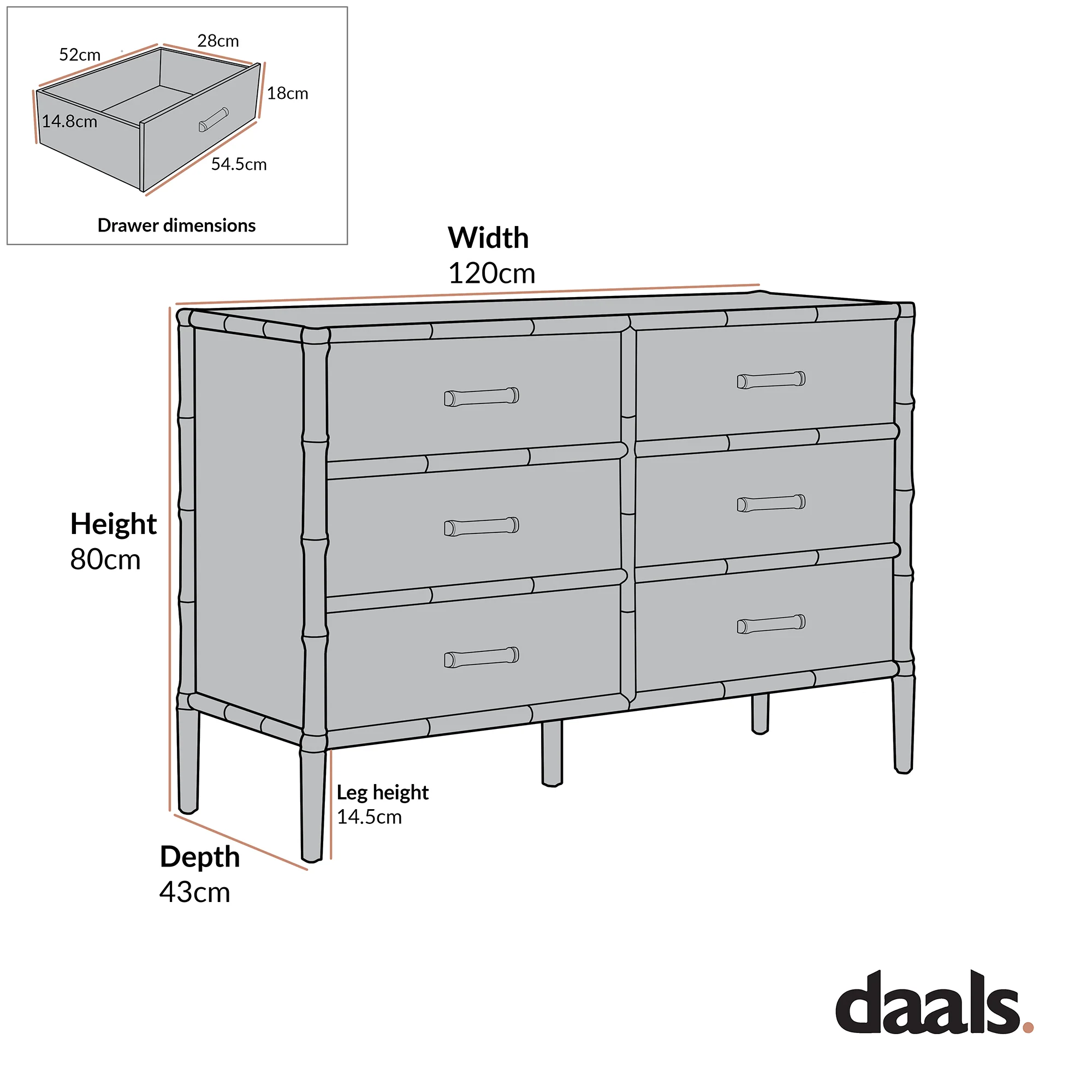 Elstowe Faux Bamboo 6-Drawer Chest, Warm Grey - Image 3