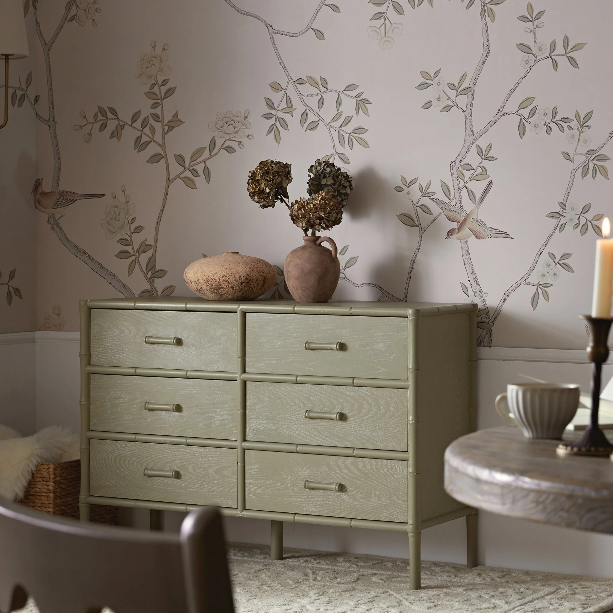 Elstowe Faux Bamboo 6-Drawer Chest, Sage Green - Image 2