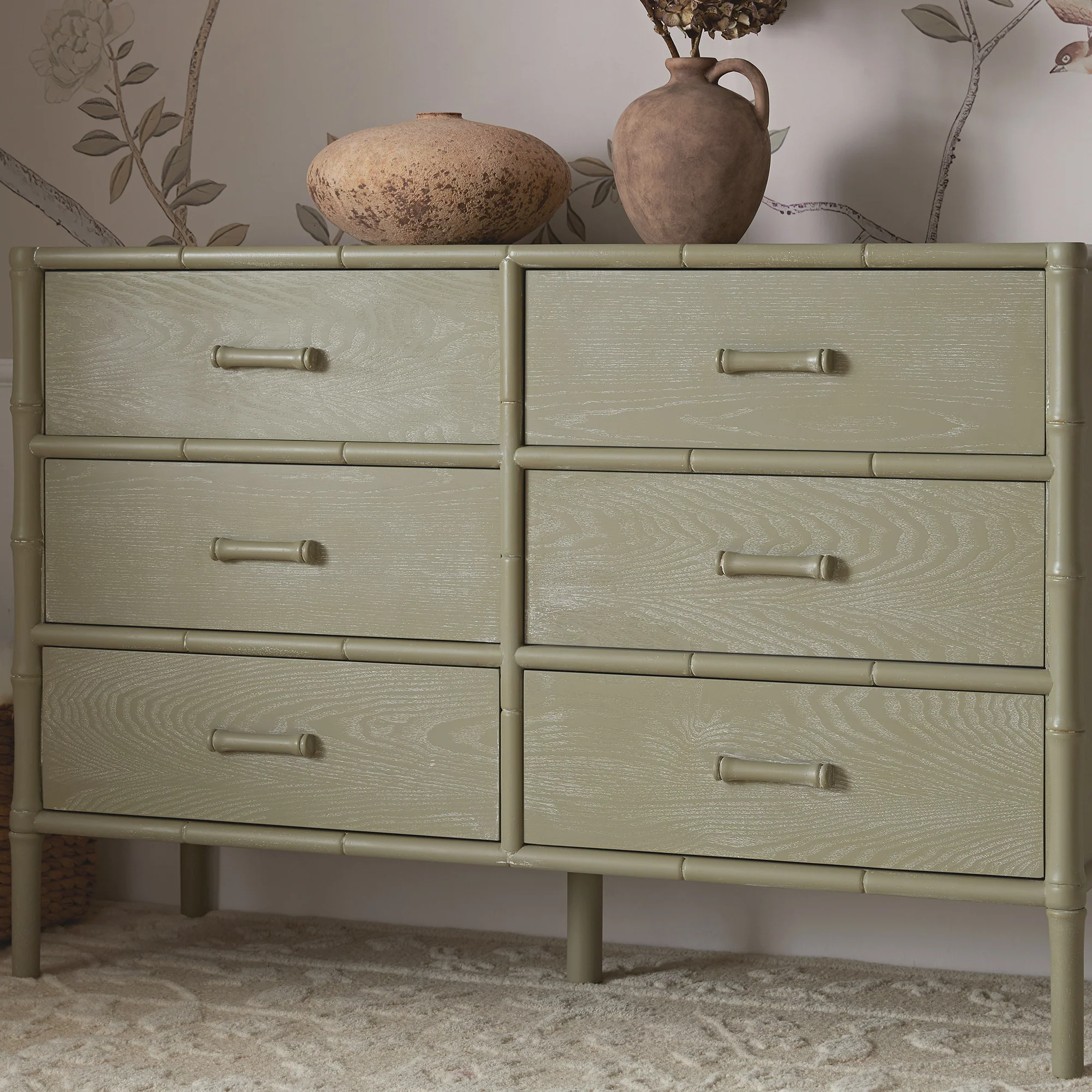 Elstowe Faux Bamboo 6-Drawer Chest, Sage Green - Image 3