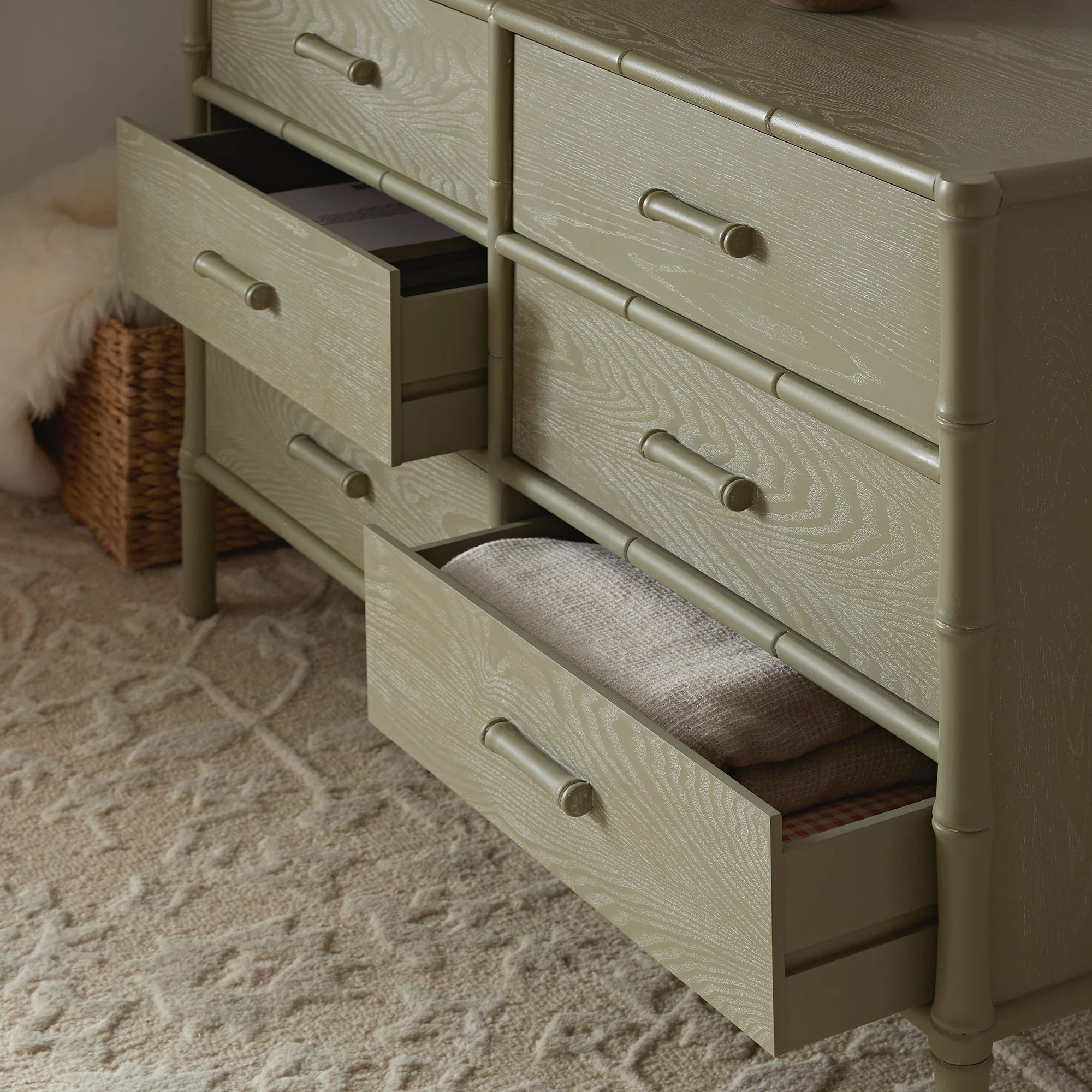 Elstowe Faux Bamboo 6-Drawer Chest, Sage Green - Image 4