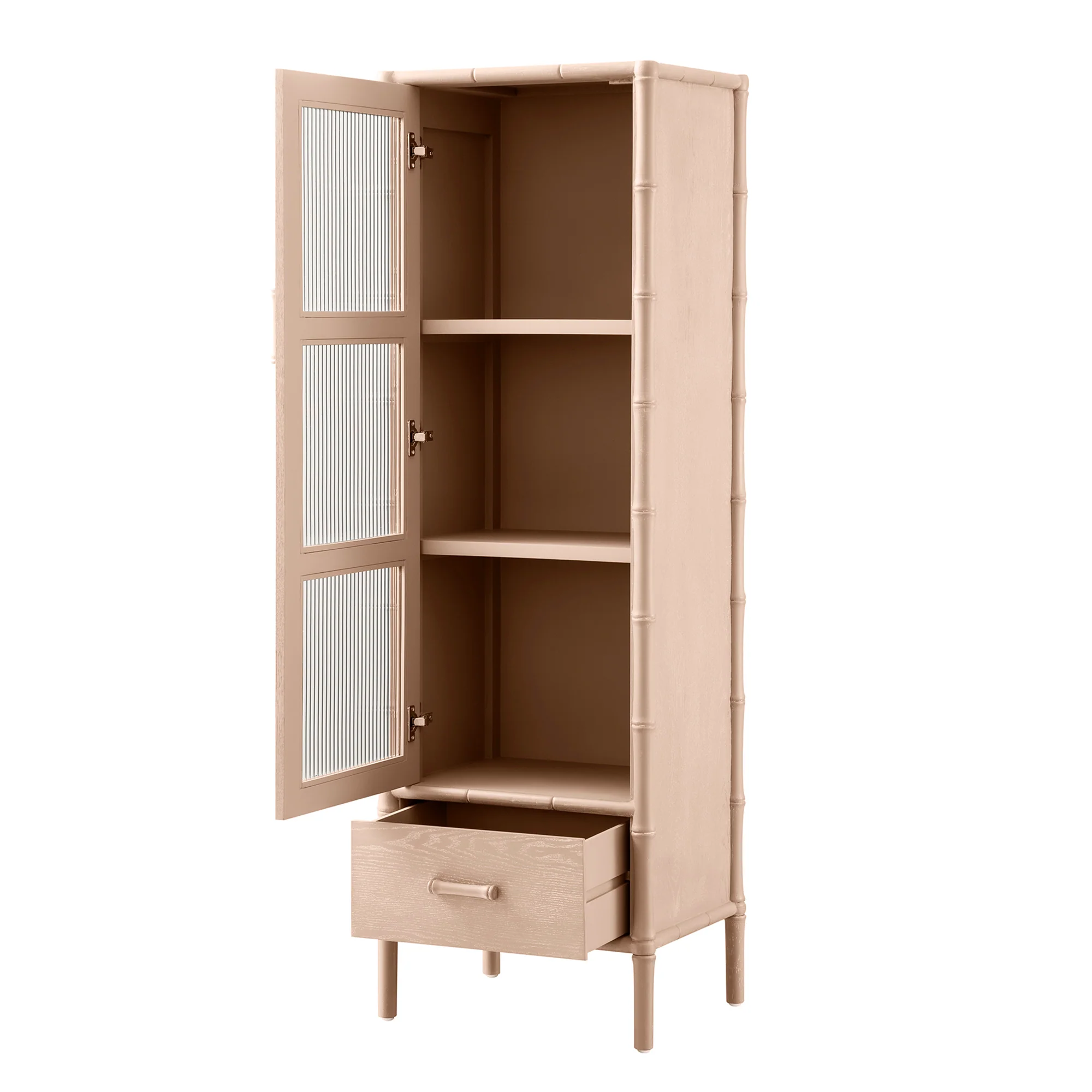 Elstowe Faux Bamboo and Fluted Glass 1-Door Cabinet, Nude Pink - Image 12
