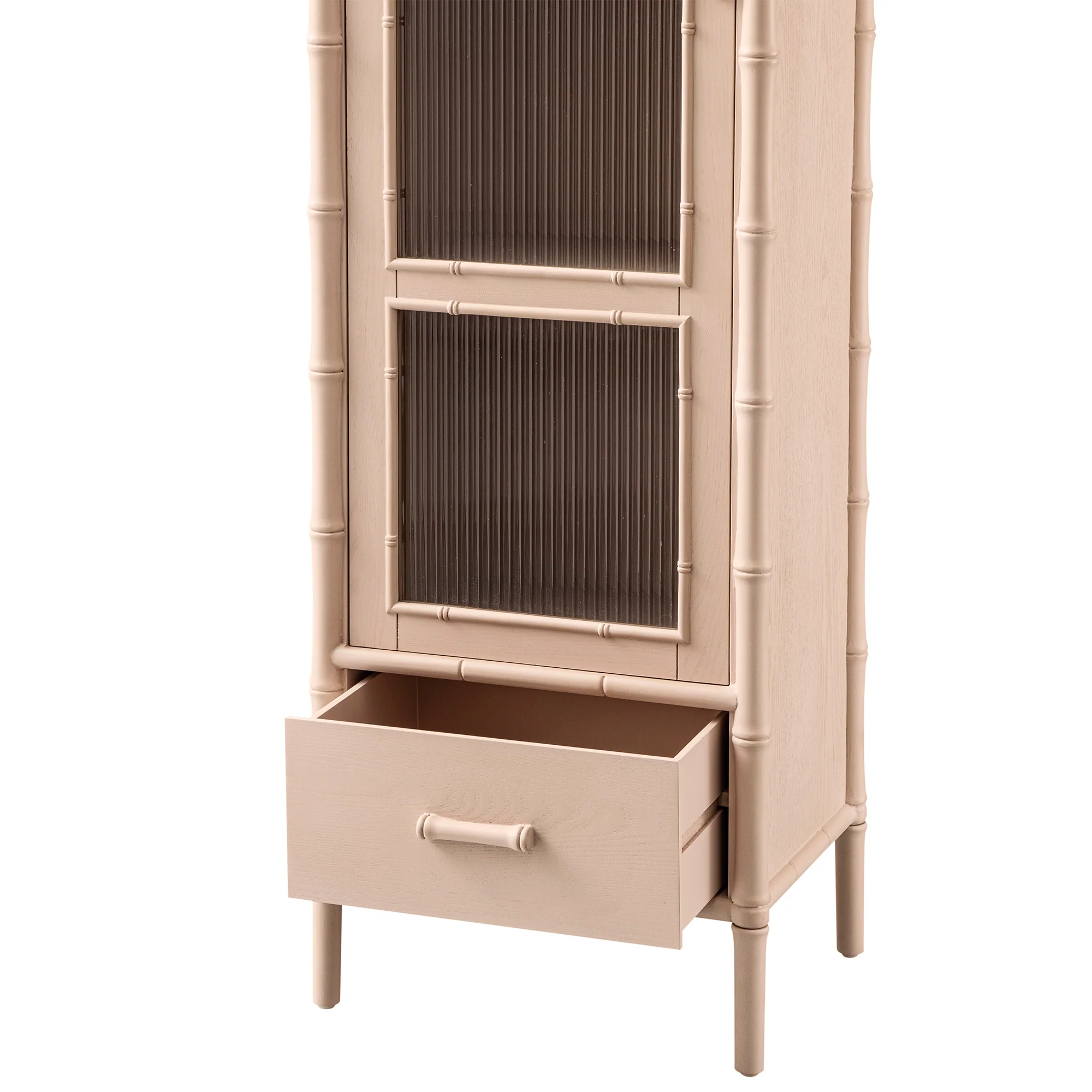Elstowe Faux Bamboo and Fluted Glass 1-Door Cabinet, Nude Pink - Image 17