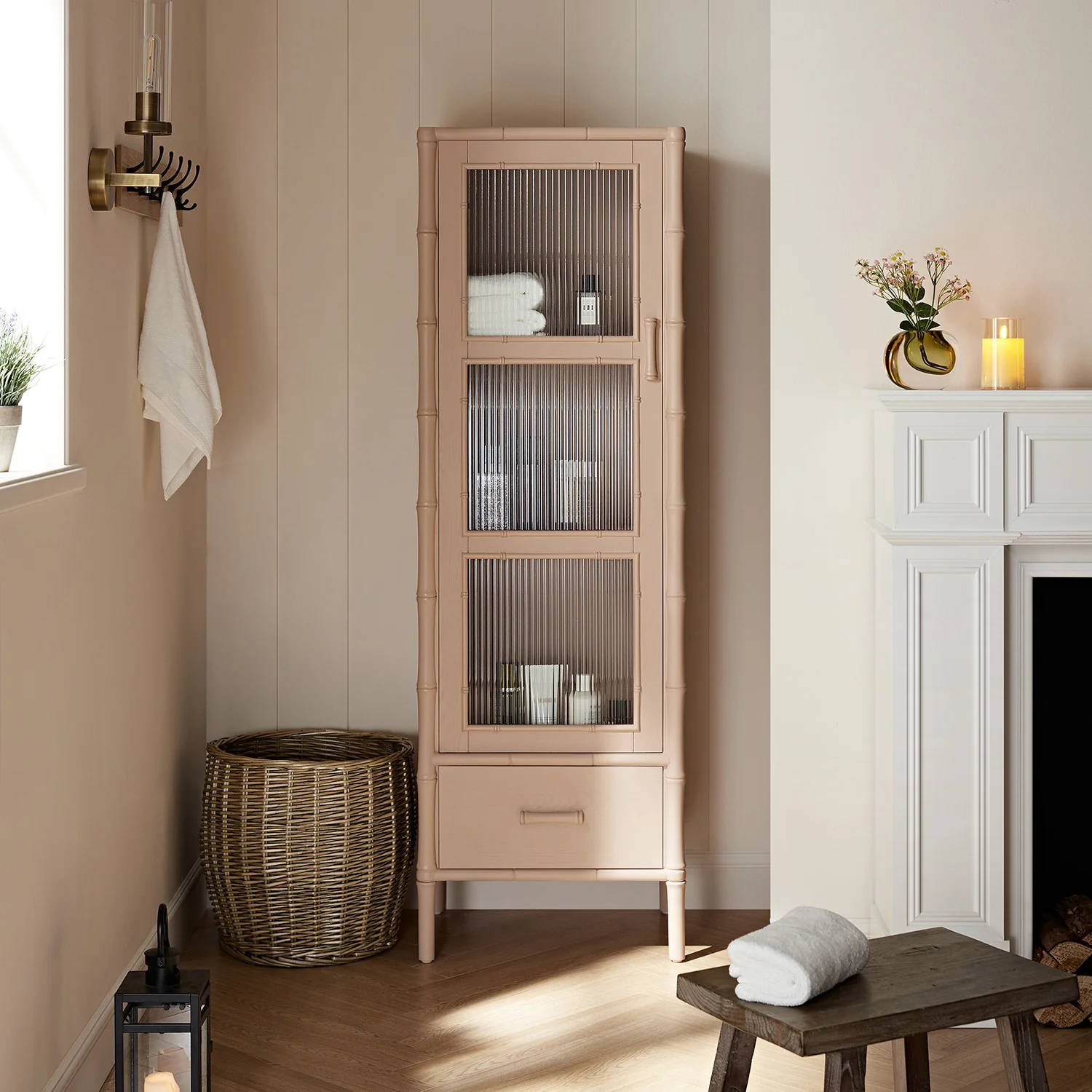 Elstowe Faux Bamboo and Fluted Glass 1-Door Cabinet, Nude Pink - Image 2