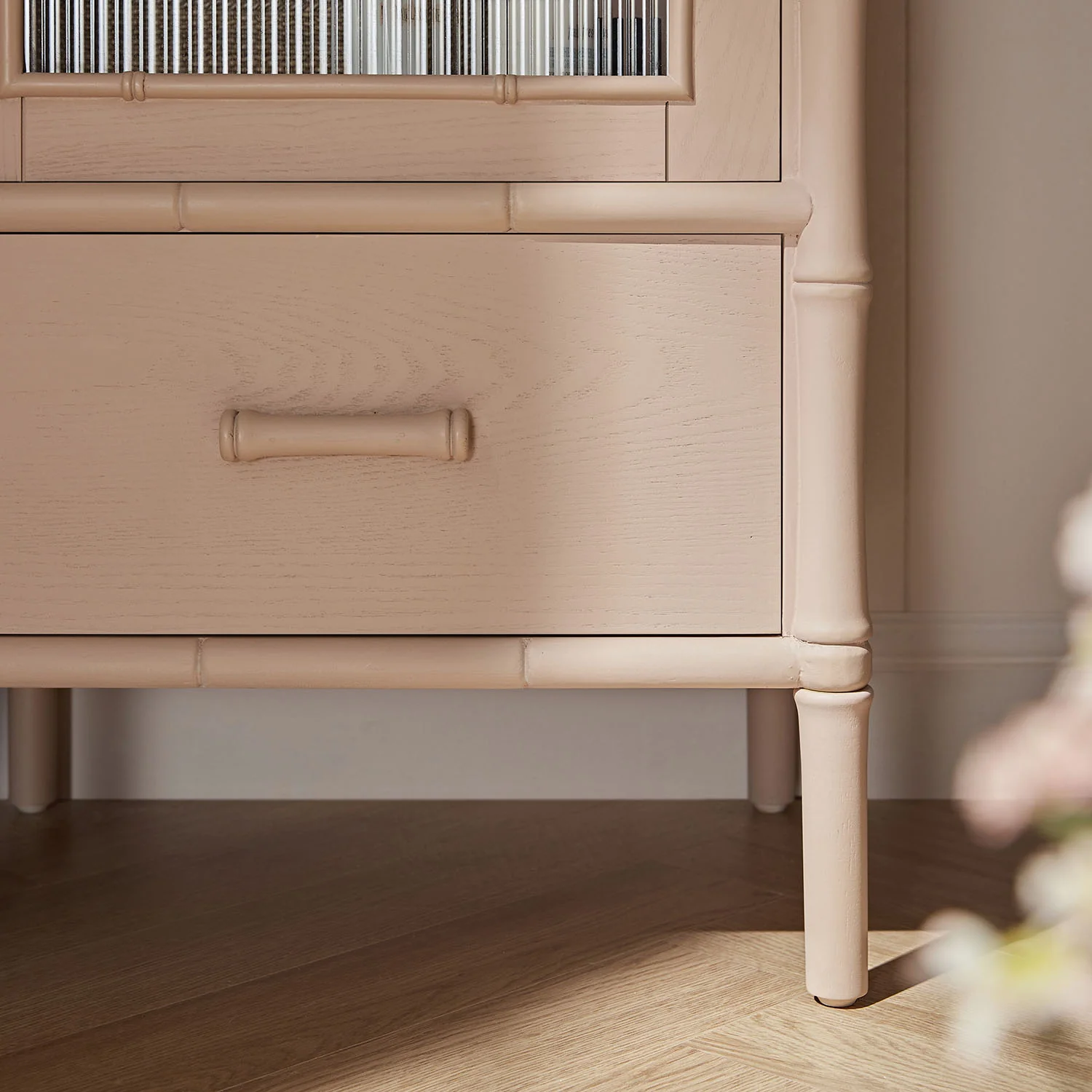 Elstowe Faux Bamboo and Fluted Glass 1-Door Cabinet, Nude Pink - Image 7