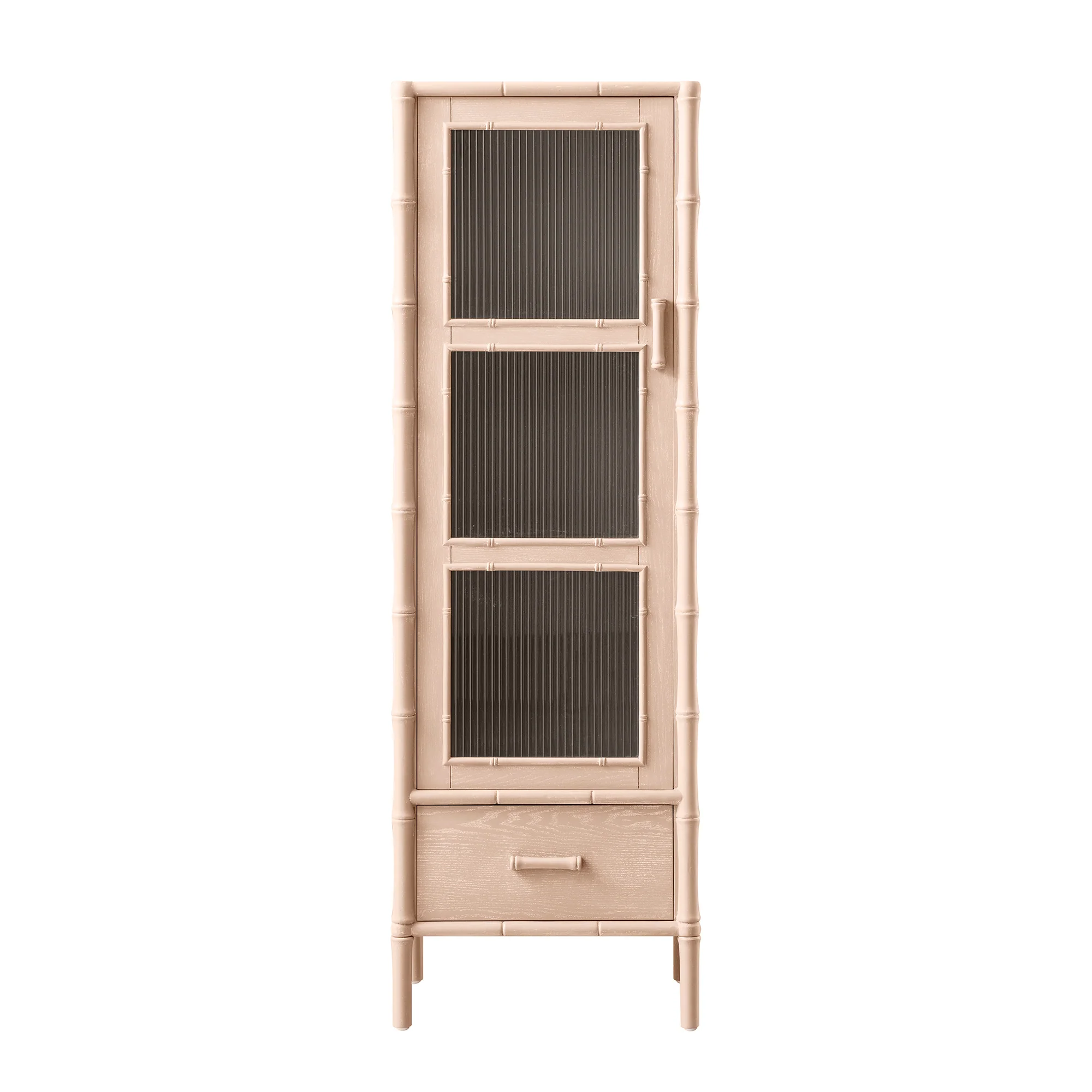 Elstowe Faux Bamboo and Fluted Glass 1-Door Cabinet, Nude Pink - Image 8