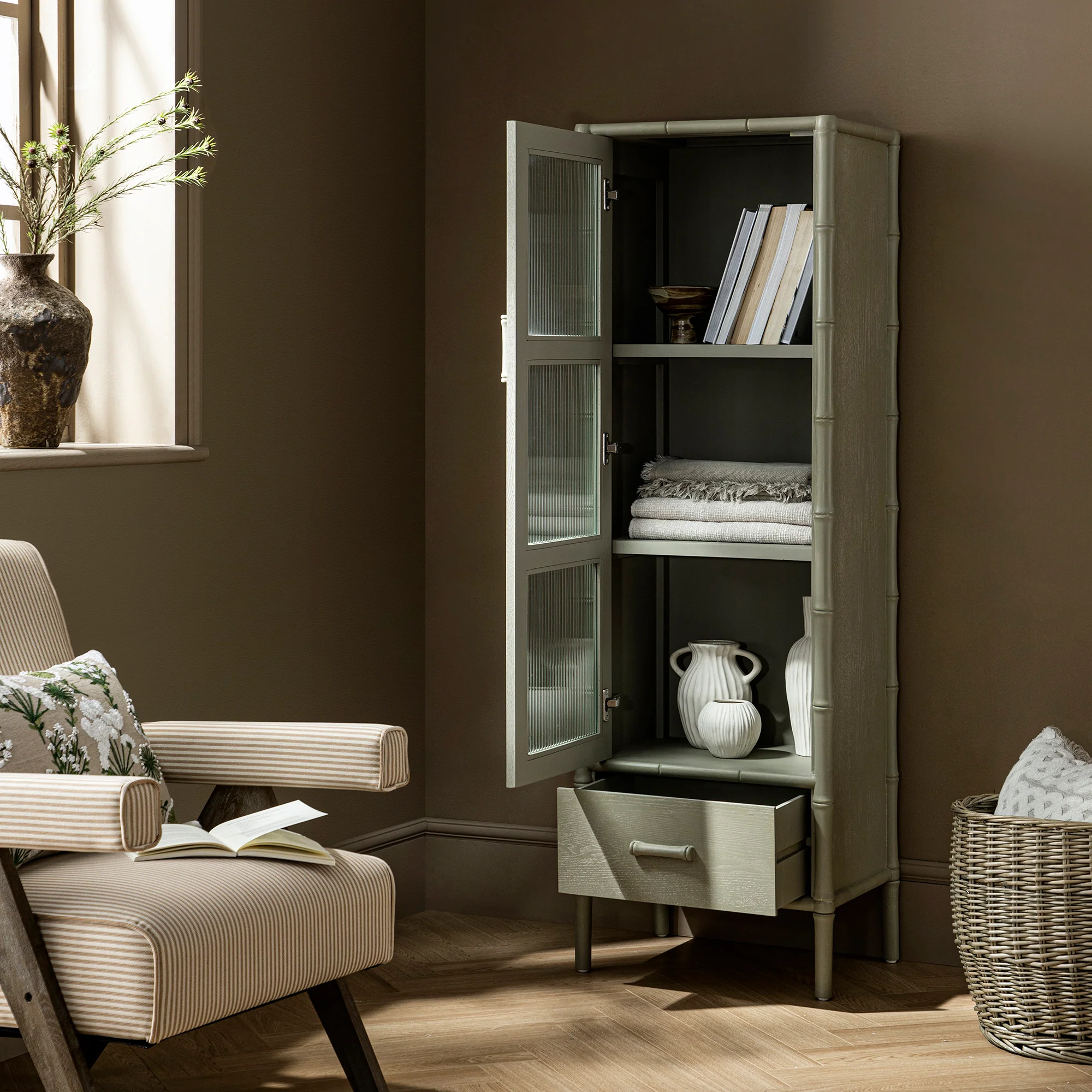 Elstowe Faux Bamboo and Fluted Glass 1-Door Cabinet, Sage Green - Image 2