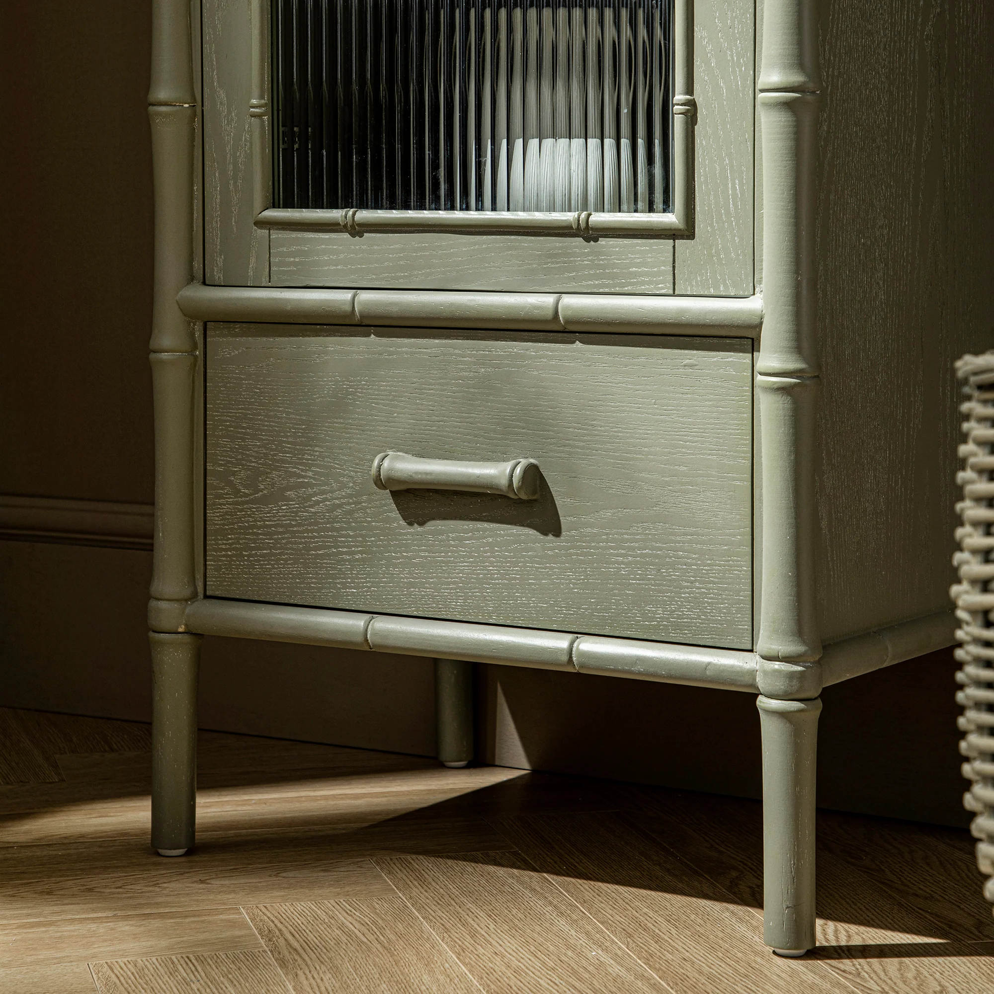 Elstowe Faux Bamboo and Fluted Glass 1-Door Cabinet, Sage Green - Image 5