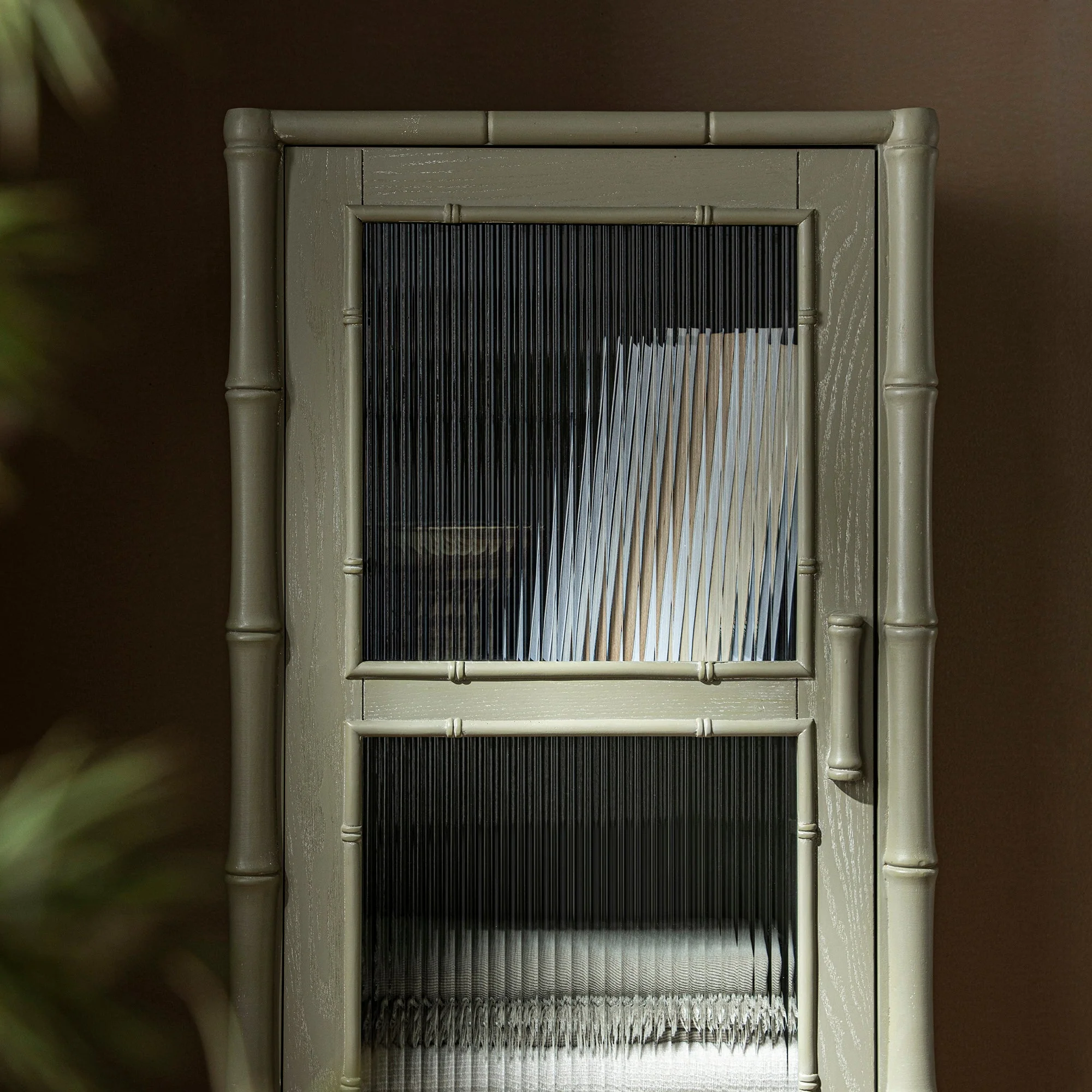 Elstowe Faux Bamboo and Fluted Glass 1-Door Cabinet, Sage Green - Image 6